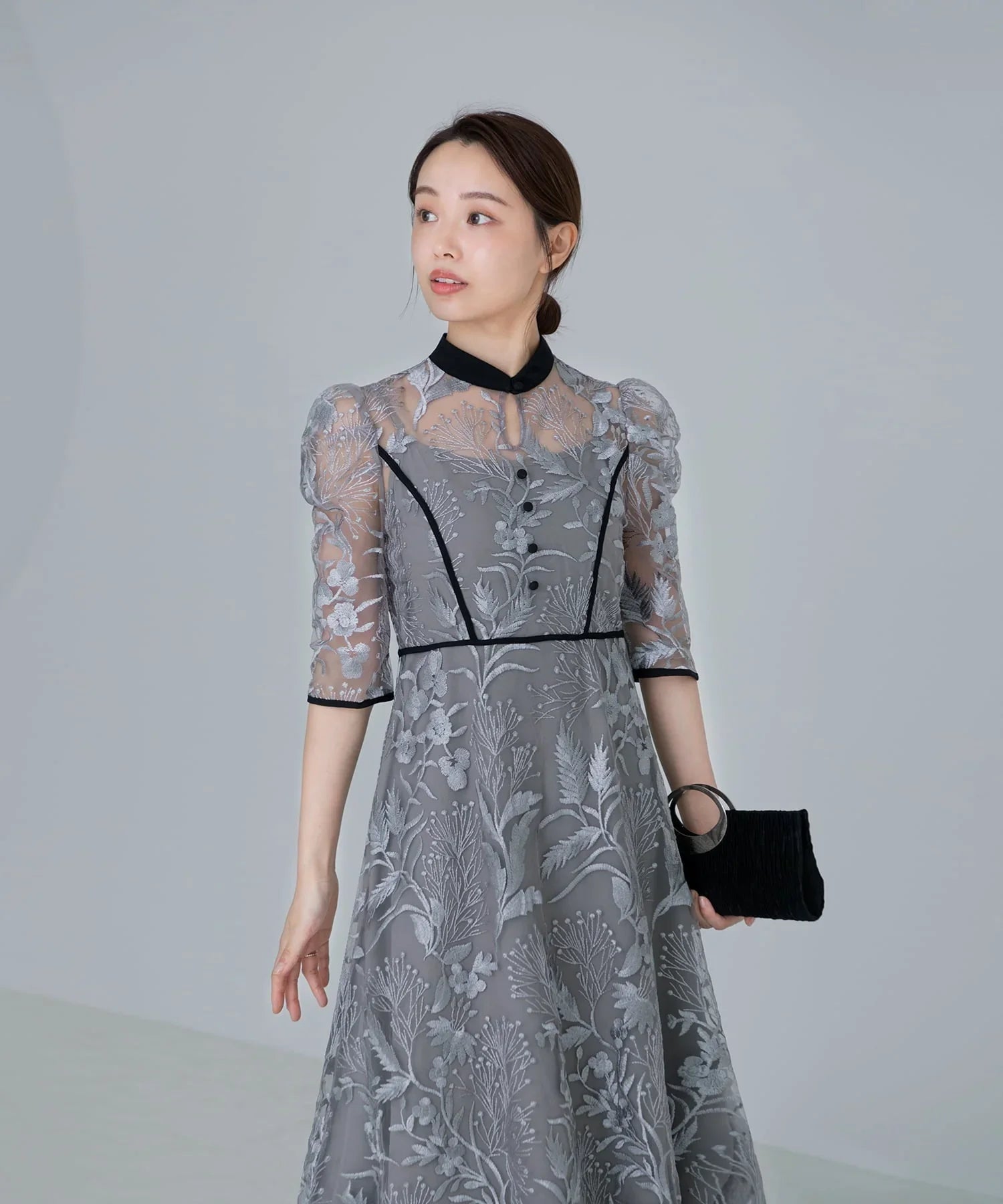 【当日発送】花柄チュールパフスリーブワンピースドレス