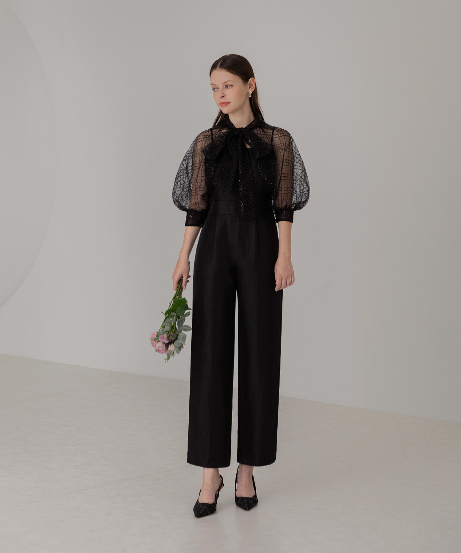 【当日発送】ドットスパンコールリボンボレロオールインワンパンツドレス