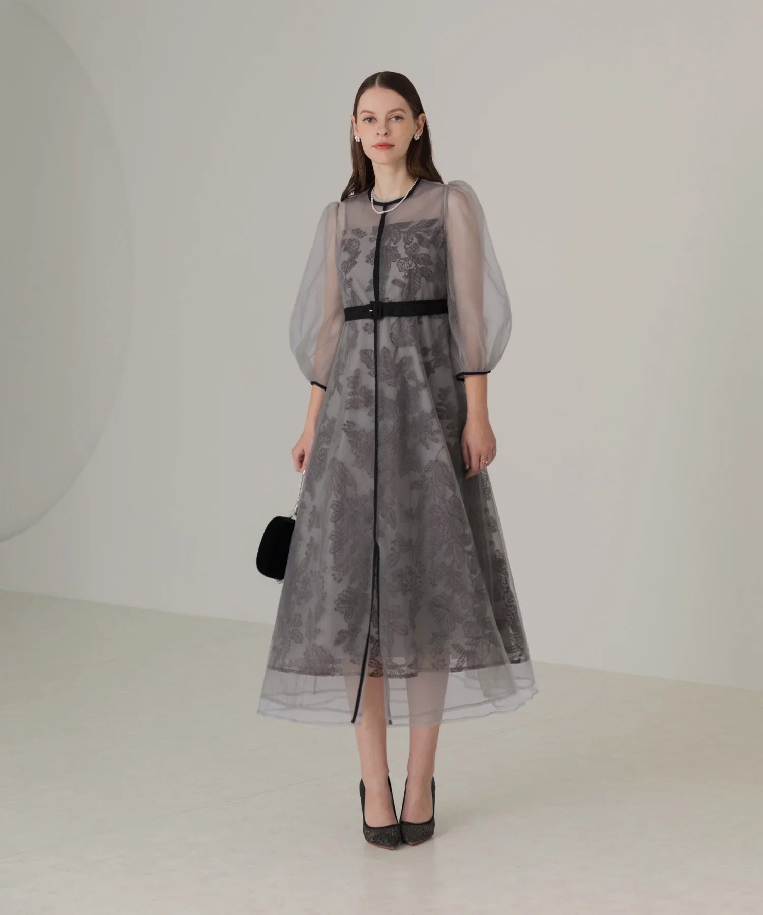 【当日発送】チュールパイピングリーフベルトAラインワンピースドレス