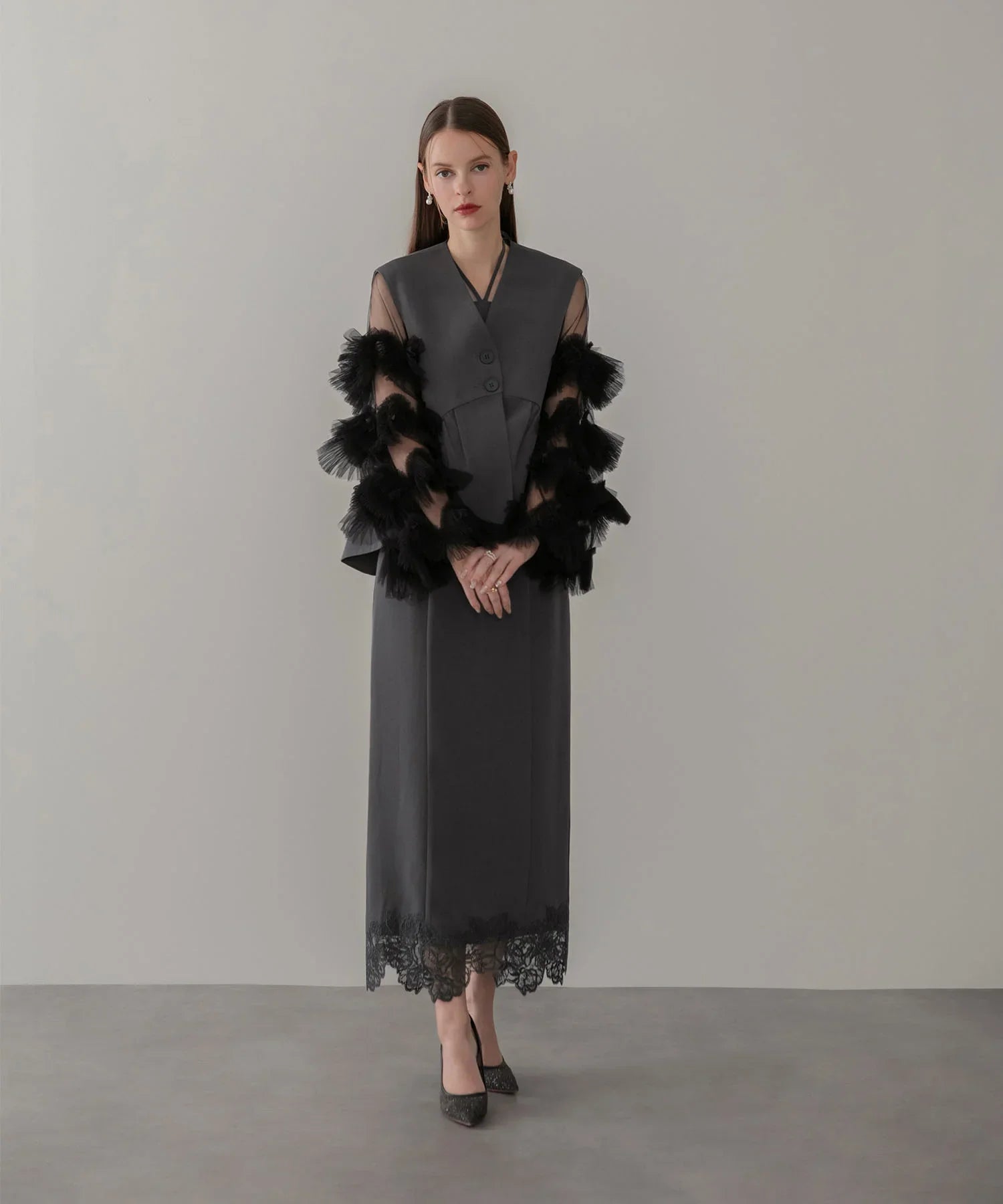 【当日発送】チュールフリルスリーブベストセットワンピースドレス