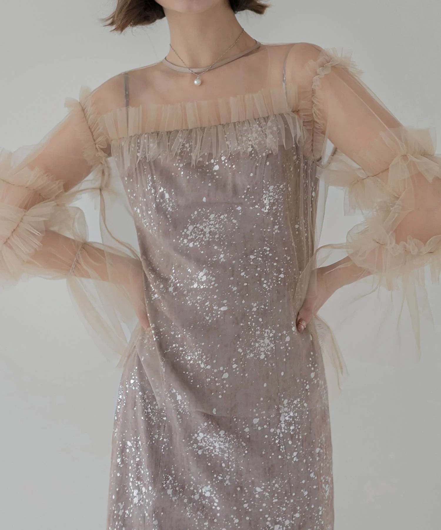 【SOLD OUT】チュールフリルペイントマーメイドワンピースドレス