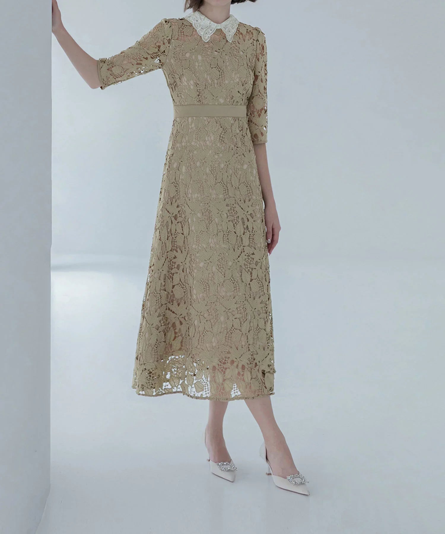 【一部当日発送】花柄レースビジューカラーAラインワンピースドレス