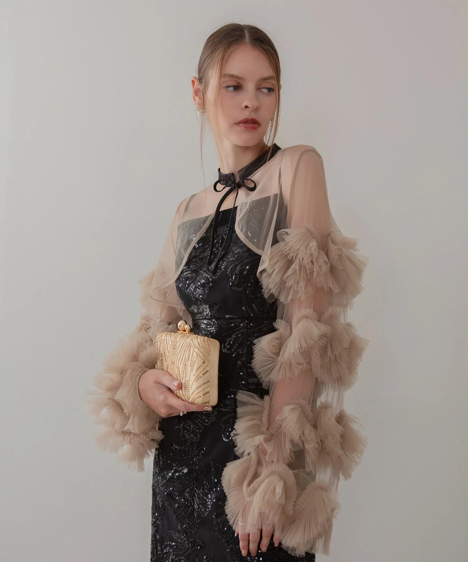 【当日発送】フリルチュールスリーブリボンIラインワンピースドレス