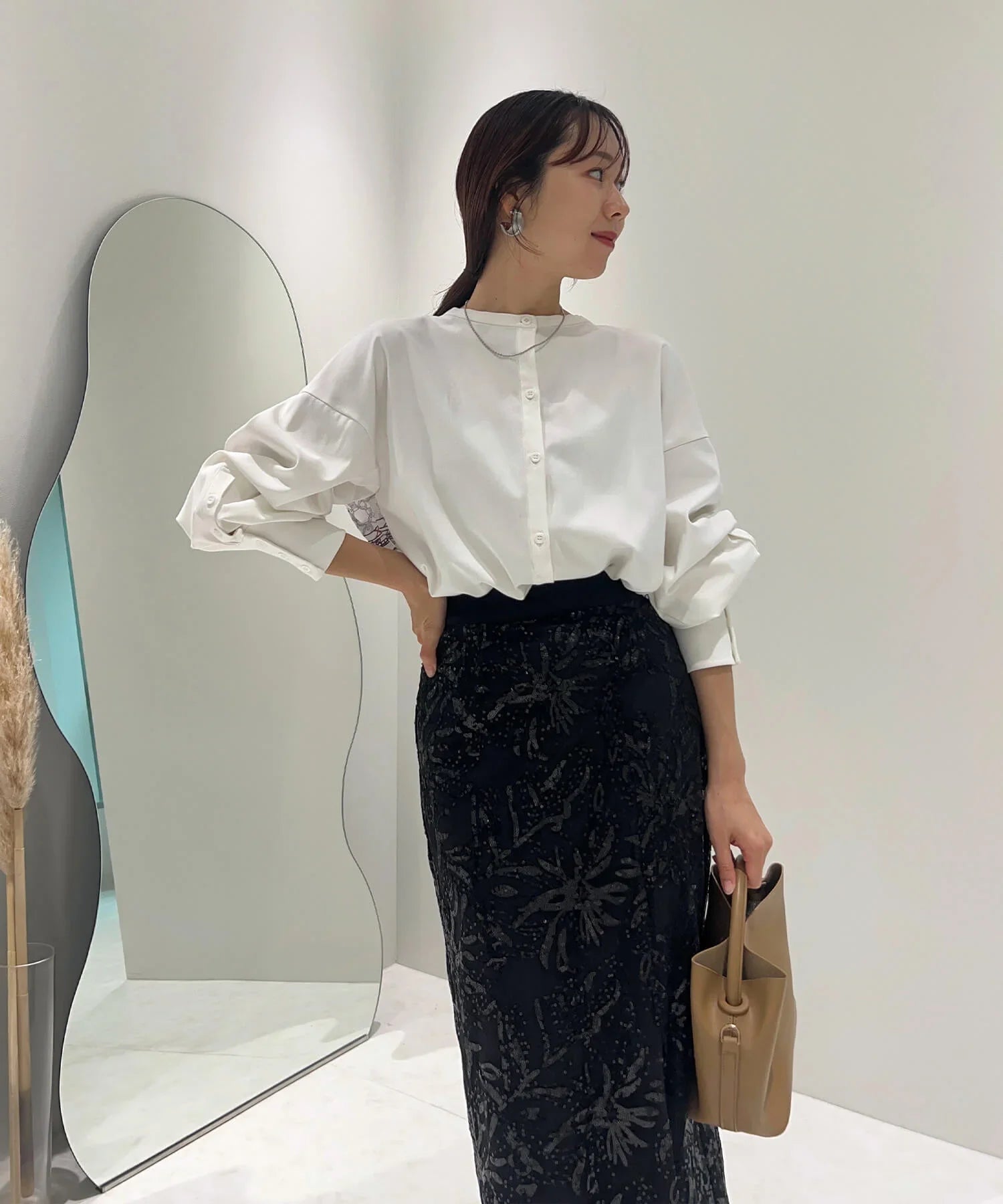 【当日発送】シアーパフスリーブペプラムスパンコール花柄セットアップドレス