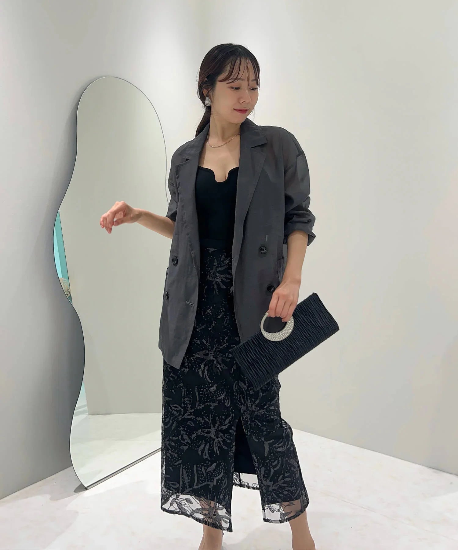 【当日発送】シアーパフスリーブペプラムスパンコール花柄セットアップドレス