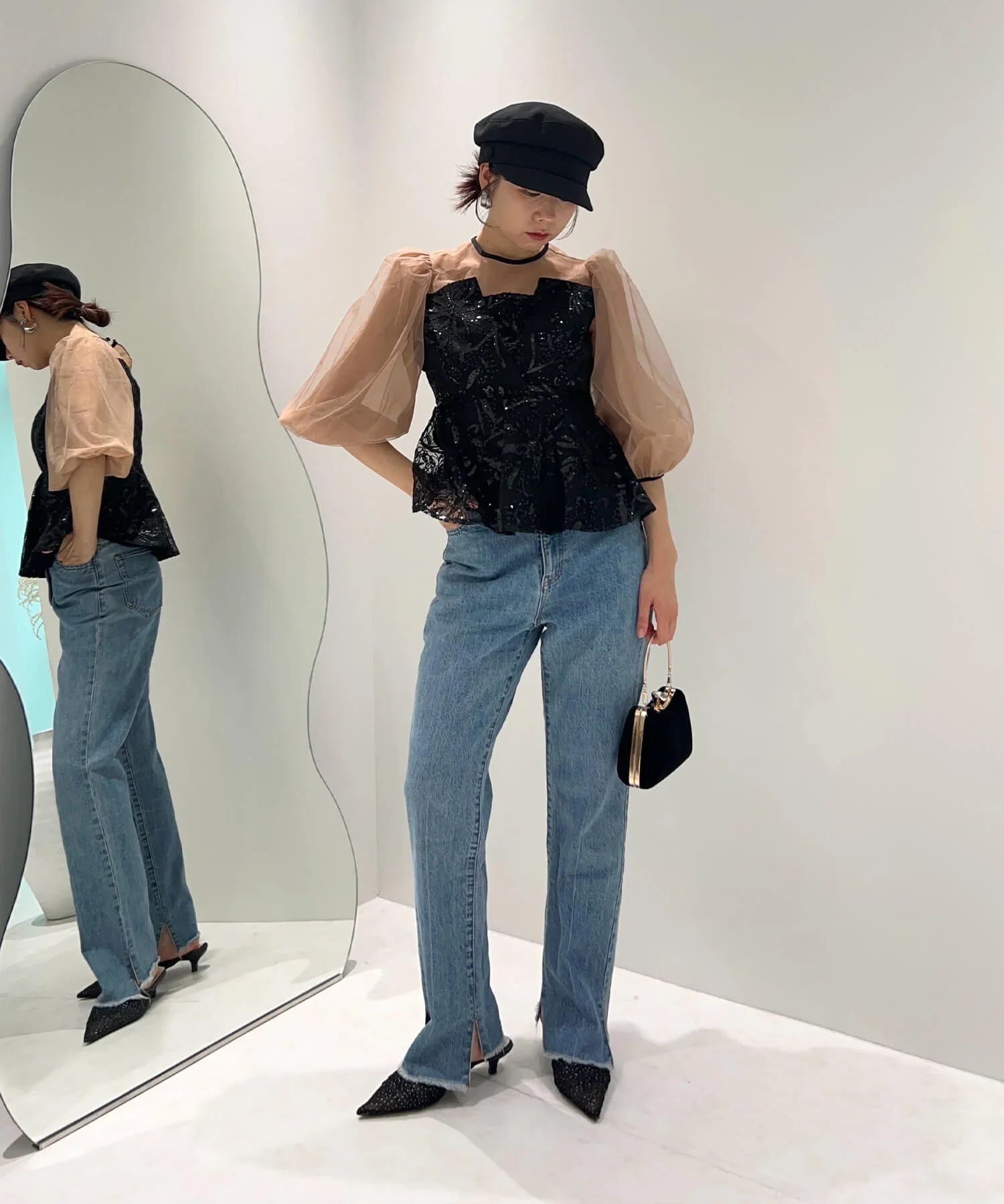 【当日発送】シアーパフスリーブペプラムスパンコール花柄セットアップドレス