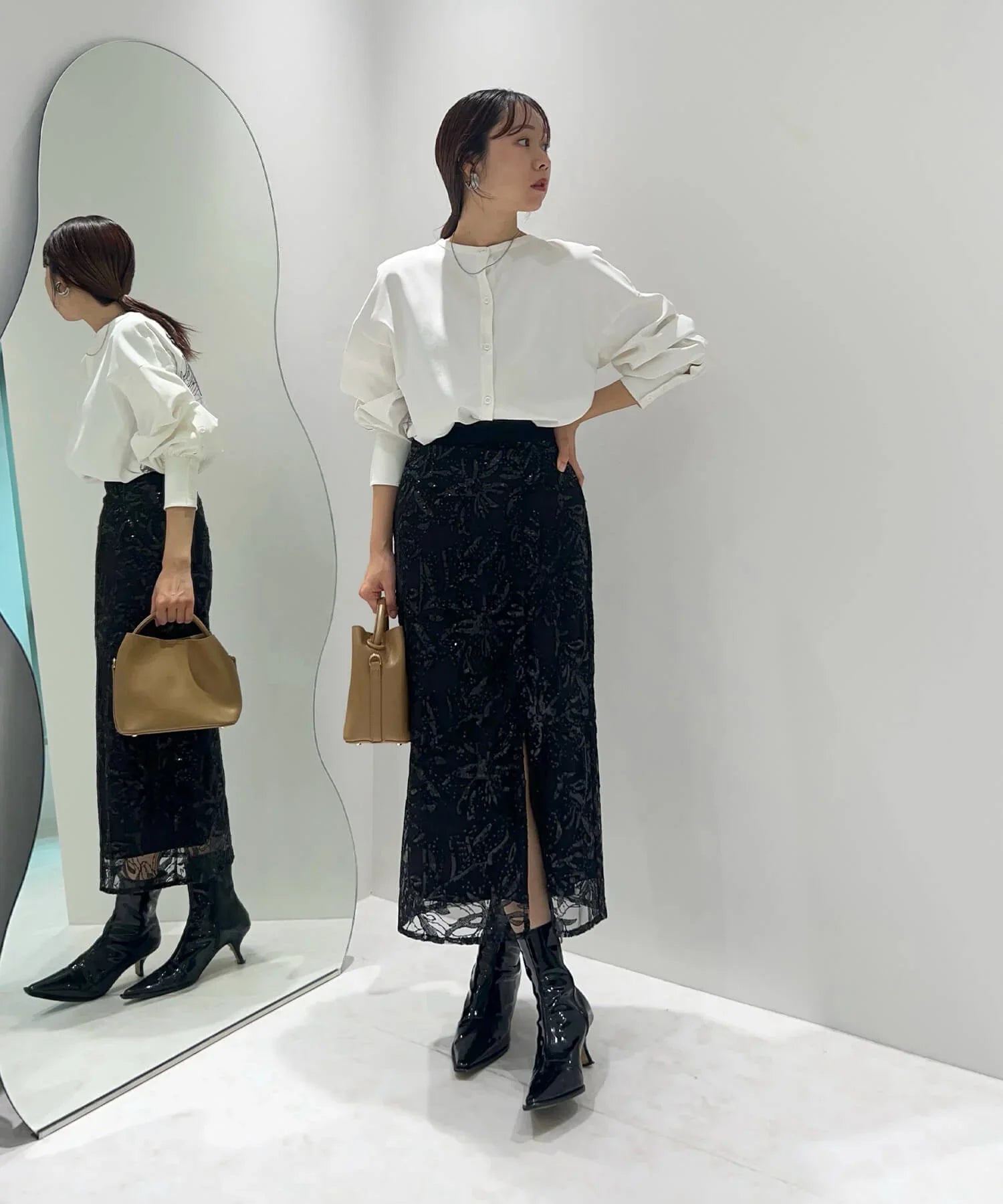 【当日発送】シアーパフスリーブペプラムスパンコール花柄セットアップドレス