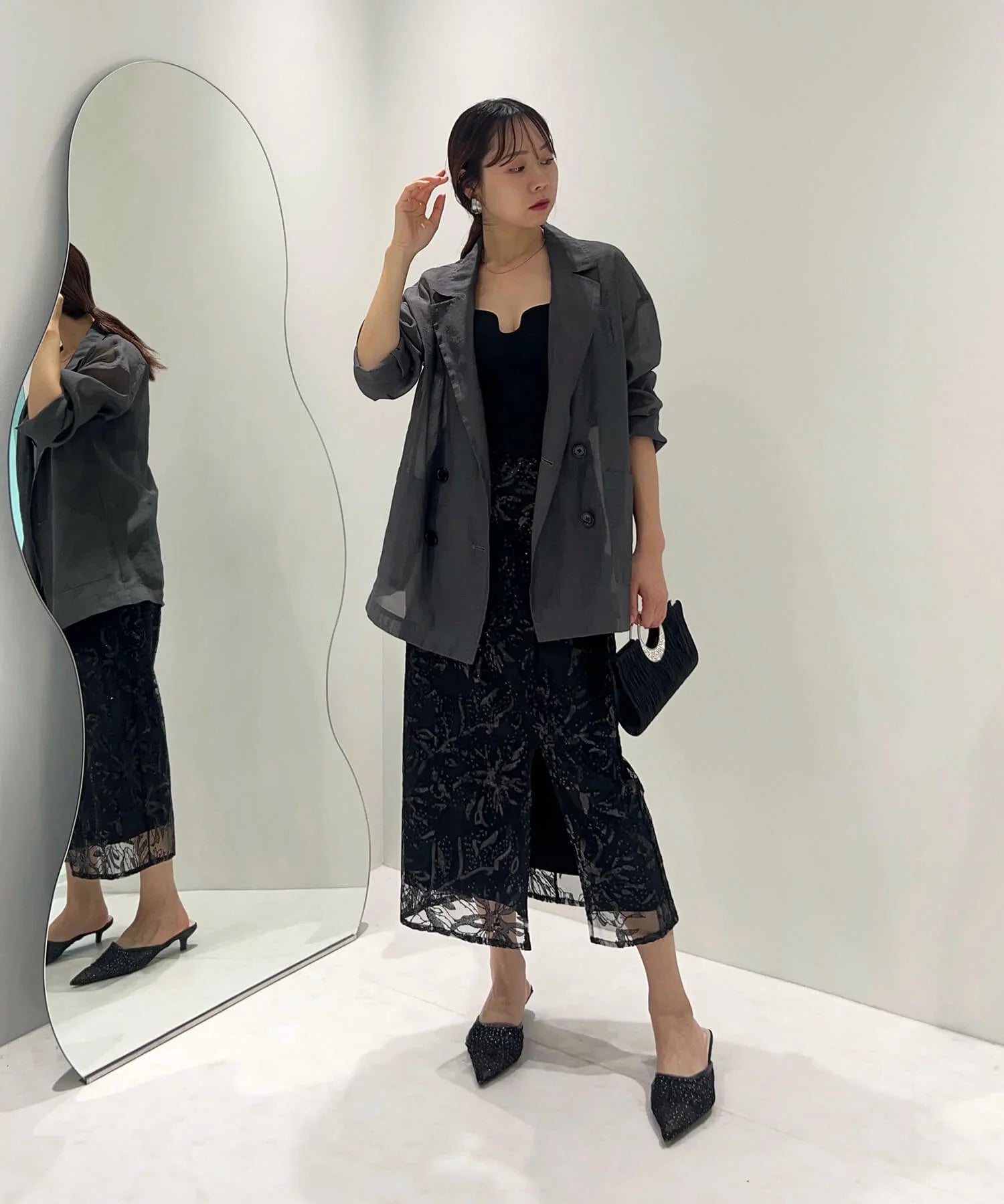 【当日発送】シアーパフスリーブペプラムスパンコール花柄セットアップドレス