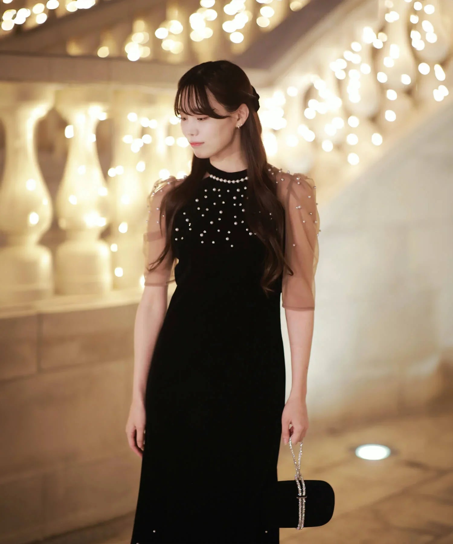 【当日発送】シアースリーブパールビジューベロアマーメイドワンピースドレス