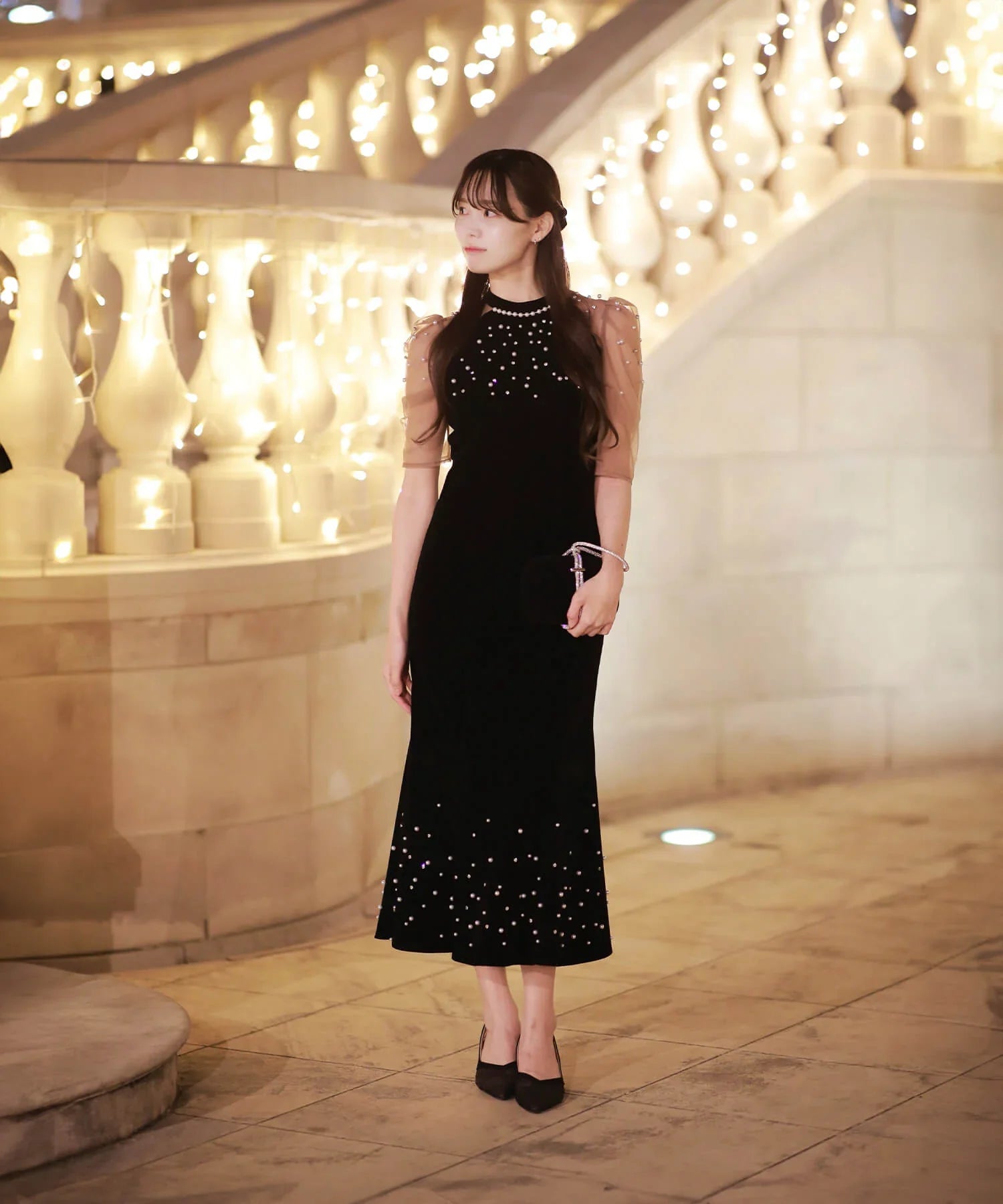 【当日発送】シアースリーブパールビジューベロアマーメイドワンピースドレス