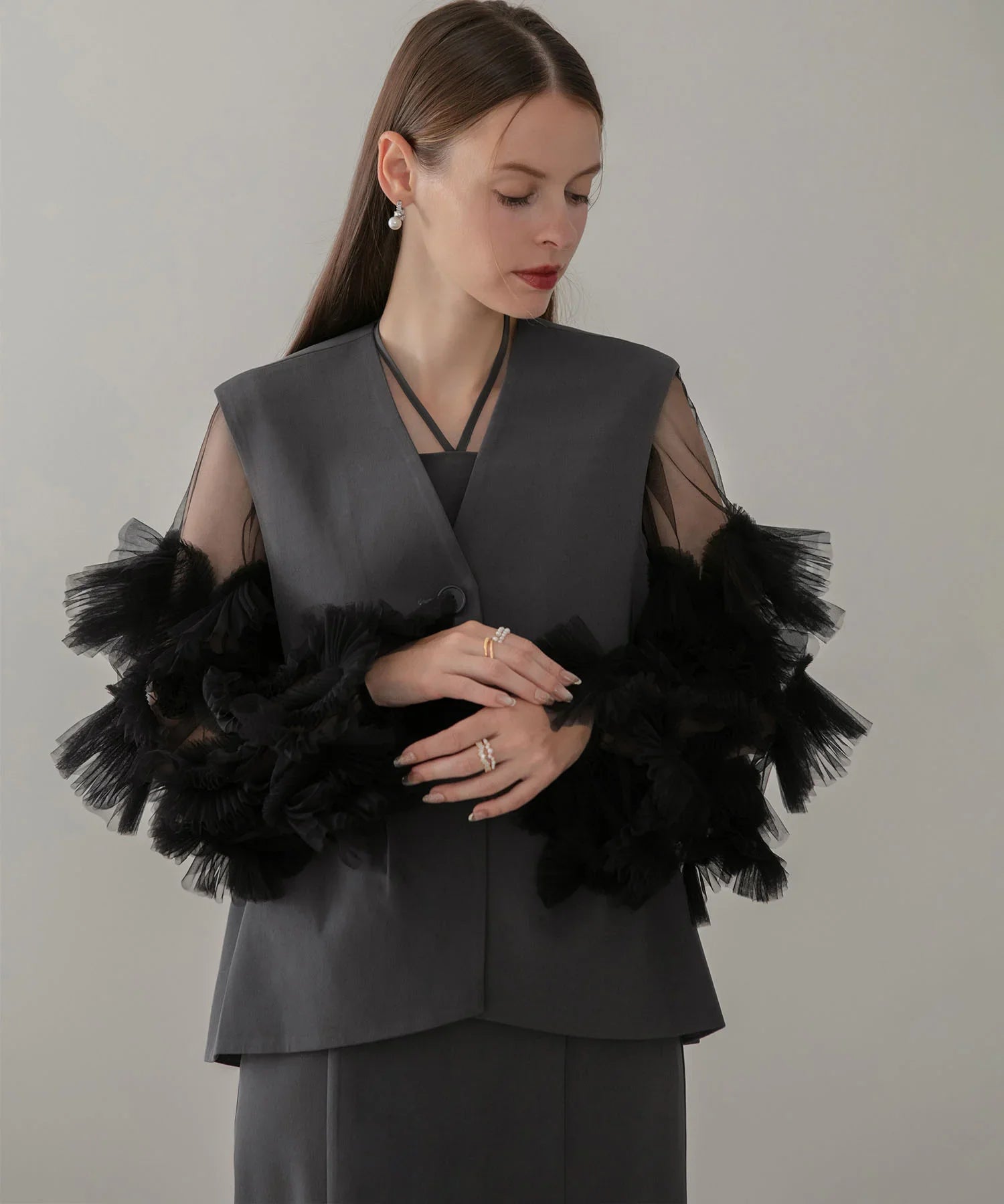 【当日発送】チュールフリルスリーブベストセットワンピースドレス