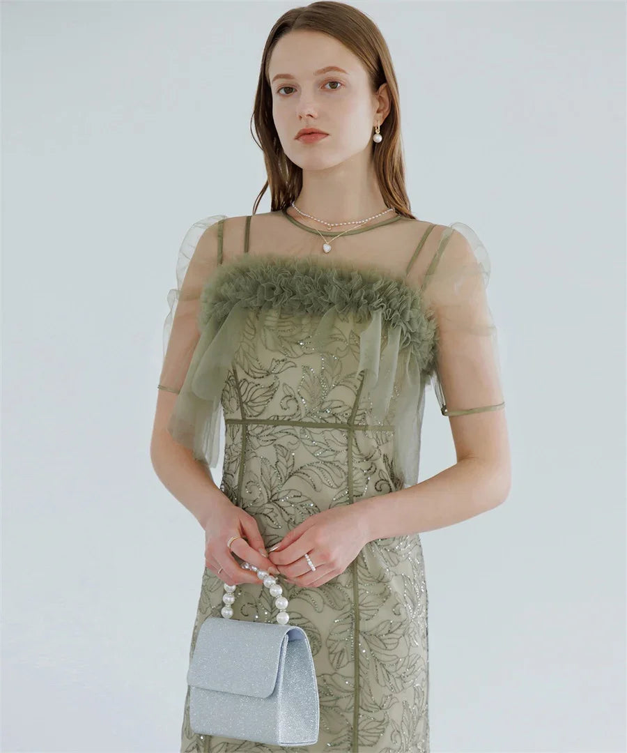 【当日発送】3WAYフラワーチュールアシンメトリーIラインワンピースドレス