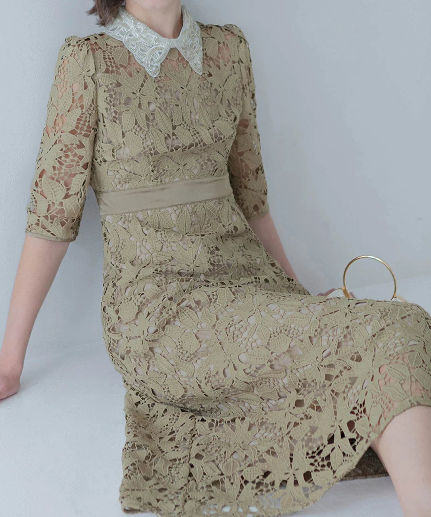 【一部当日発送】花柄レースビジューカラーAラインワンピースドレス