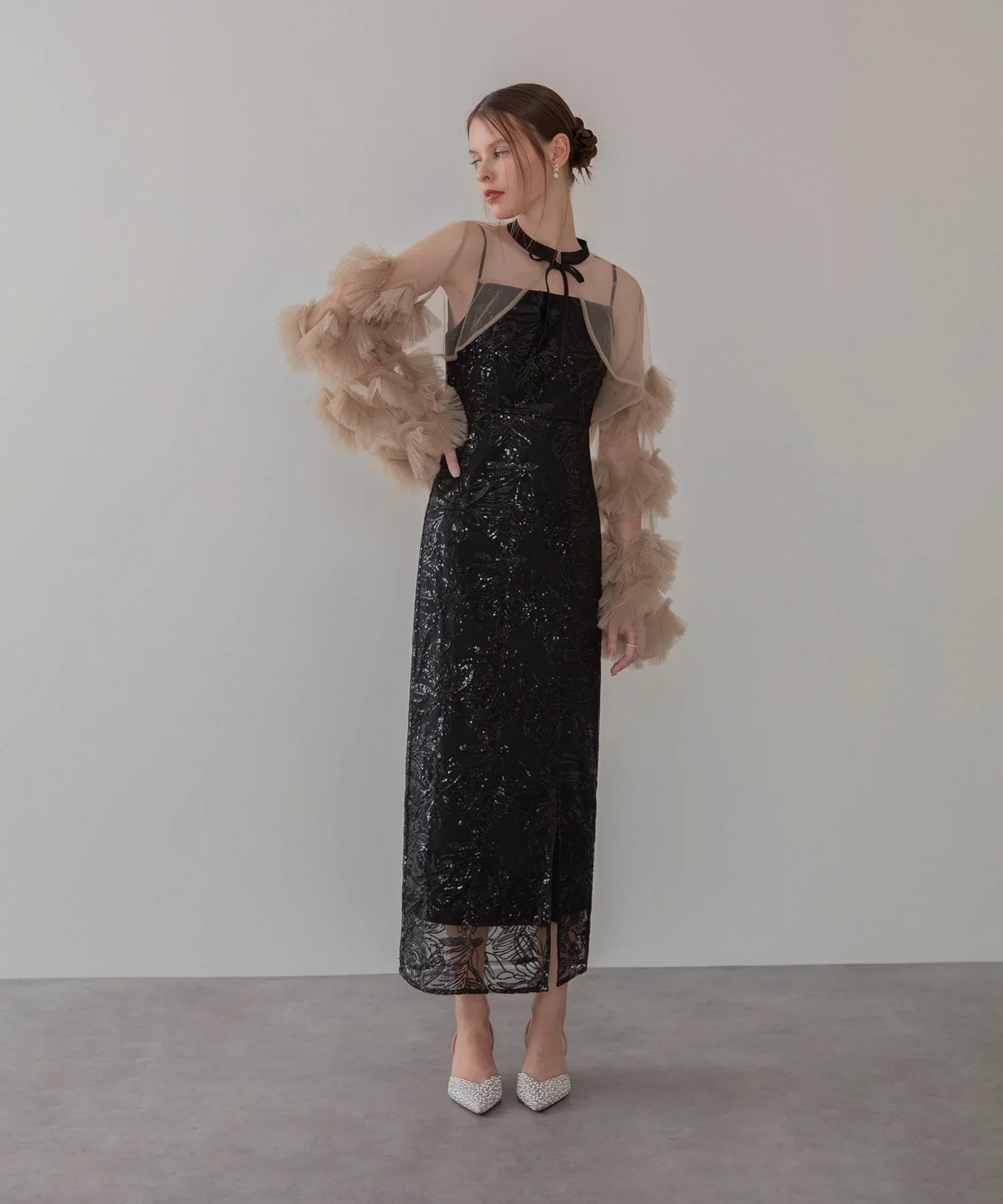 【一部当日発送】フリルチュールスリーブリボンIラインワンピースドレス