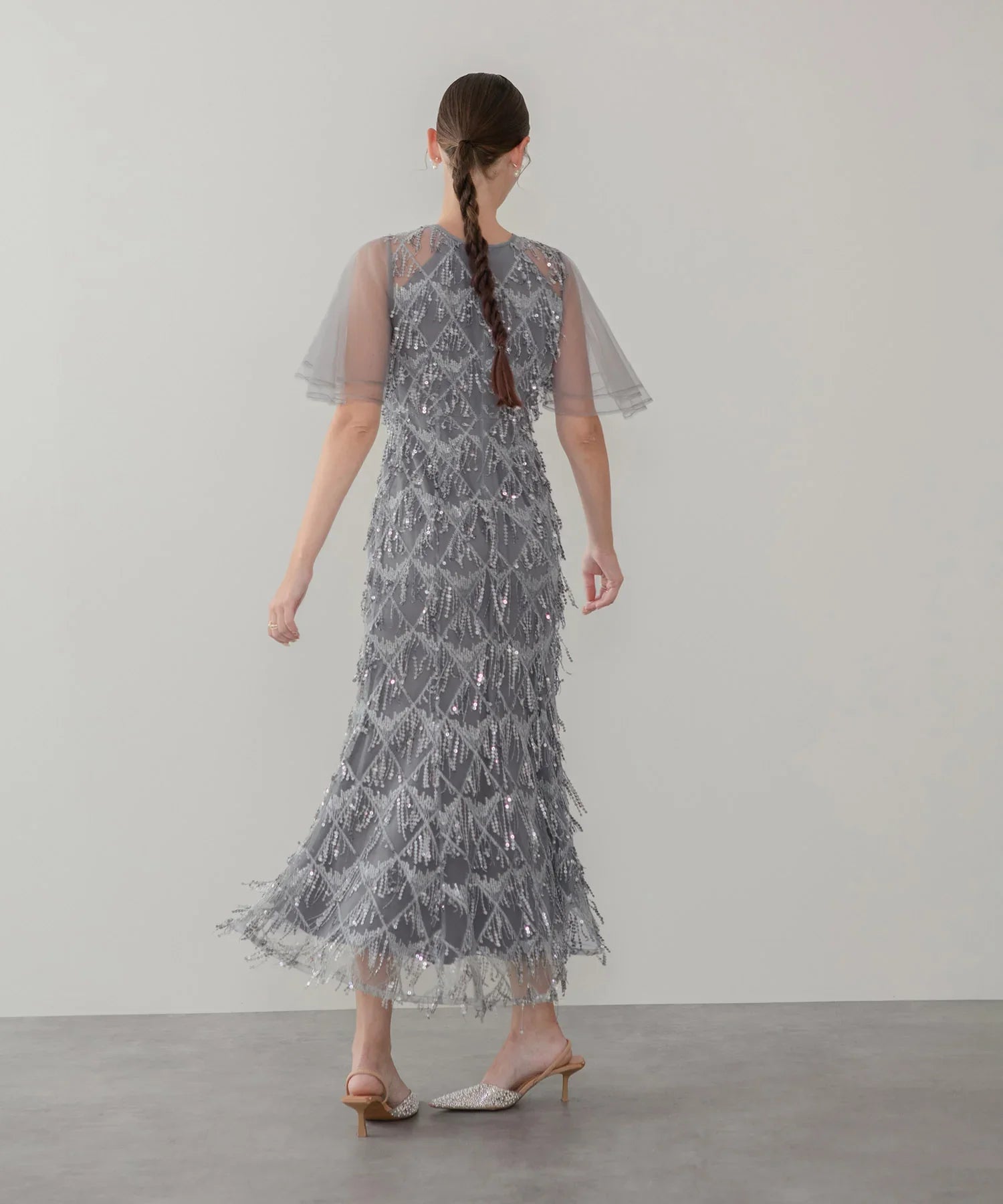 【当日発送】チュールスリーブスパンコールマーメイドワンピースドレス