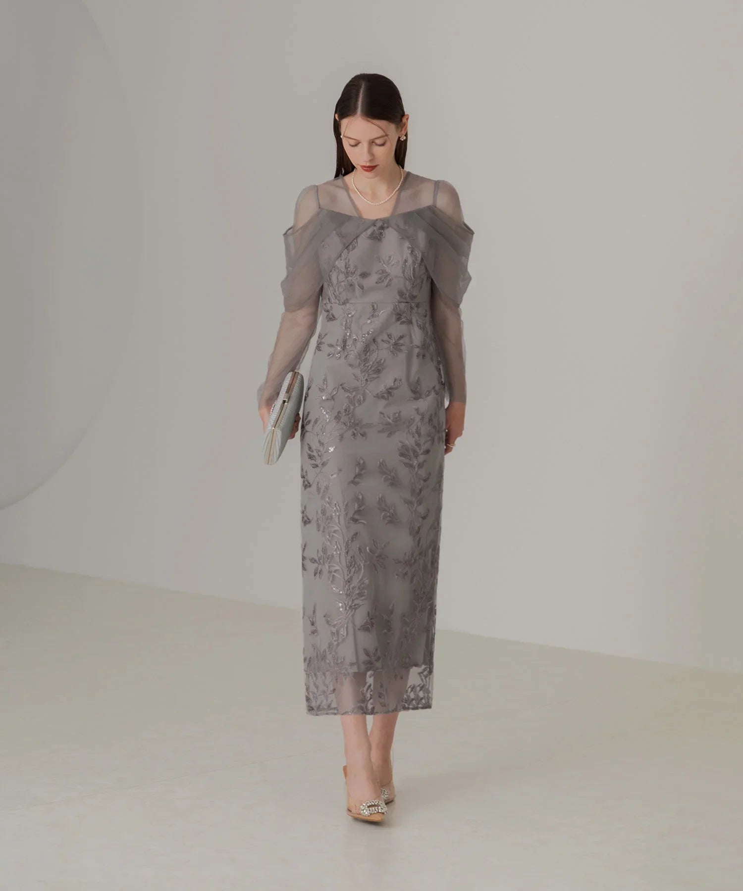 【一部当日発送】チュールロングスリーブリーフIラインワンピースドレス