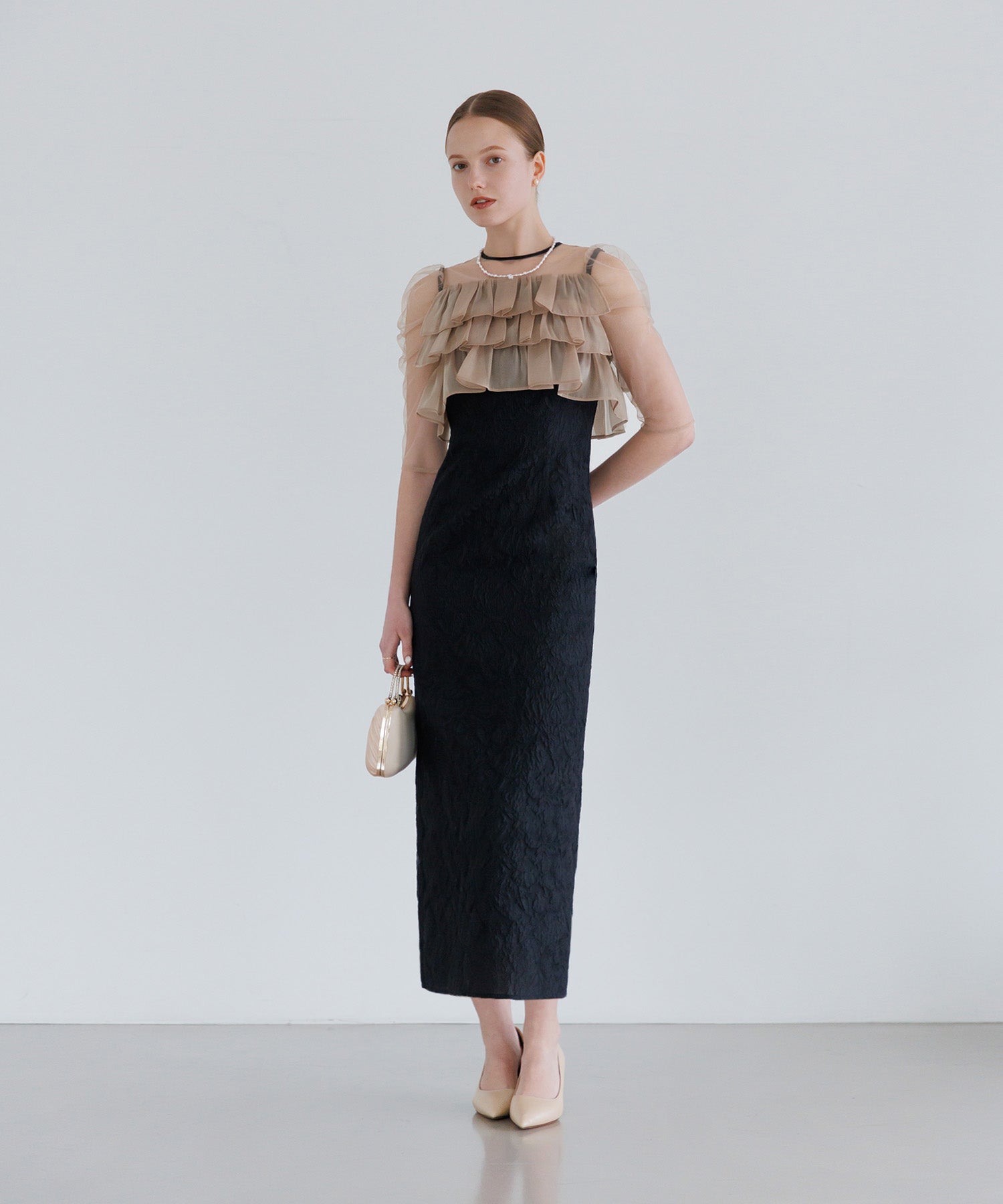 【当日発送】3WAYティアードフリルジャガードIラインワンピースドレス