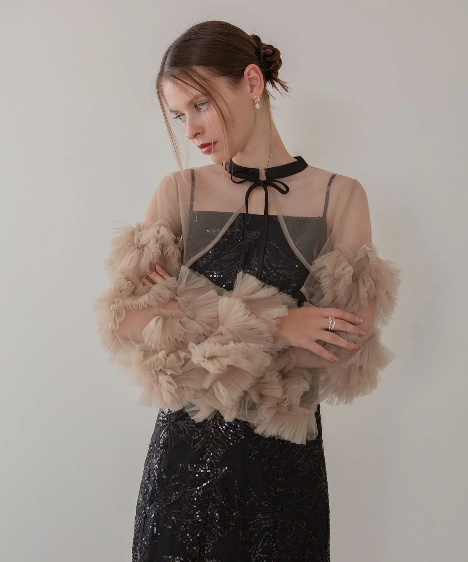 【当日発送】フリルチュールスリーブリボンIラインワンピースドレス