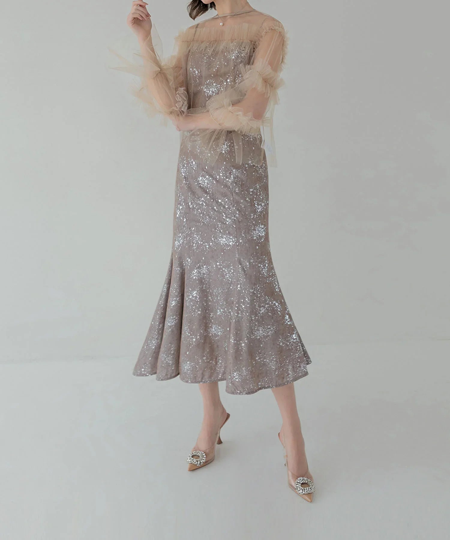 【SOLD OUT】チュールフリルペイントマーメイドワンピースドレス