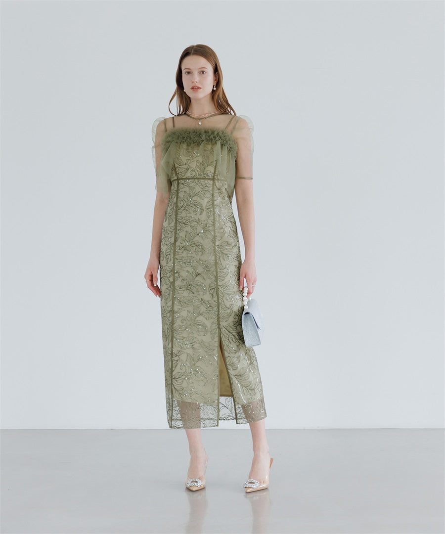 【当日発送】3WAYフラワーチュールアシンメトリーIラインワンピースドレス