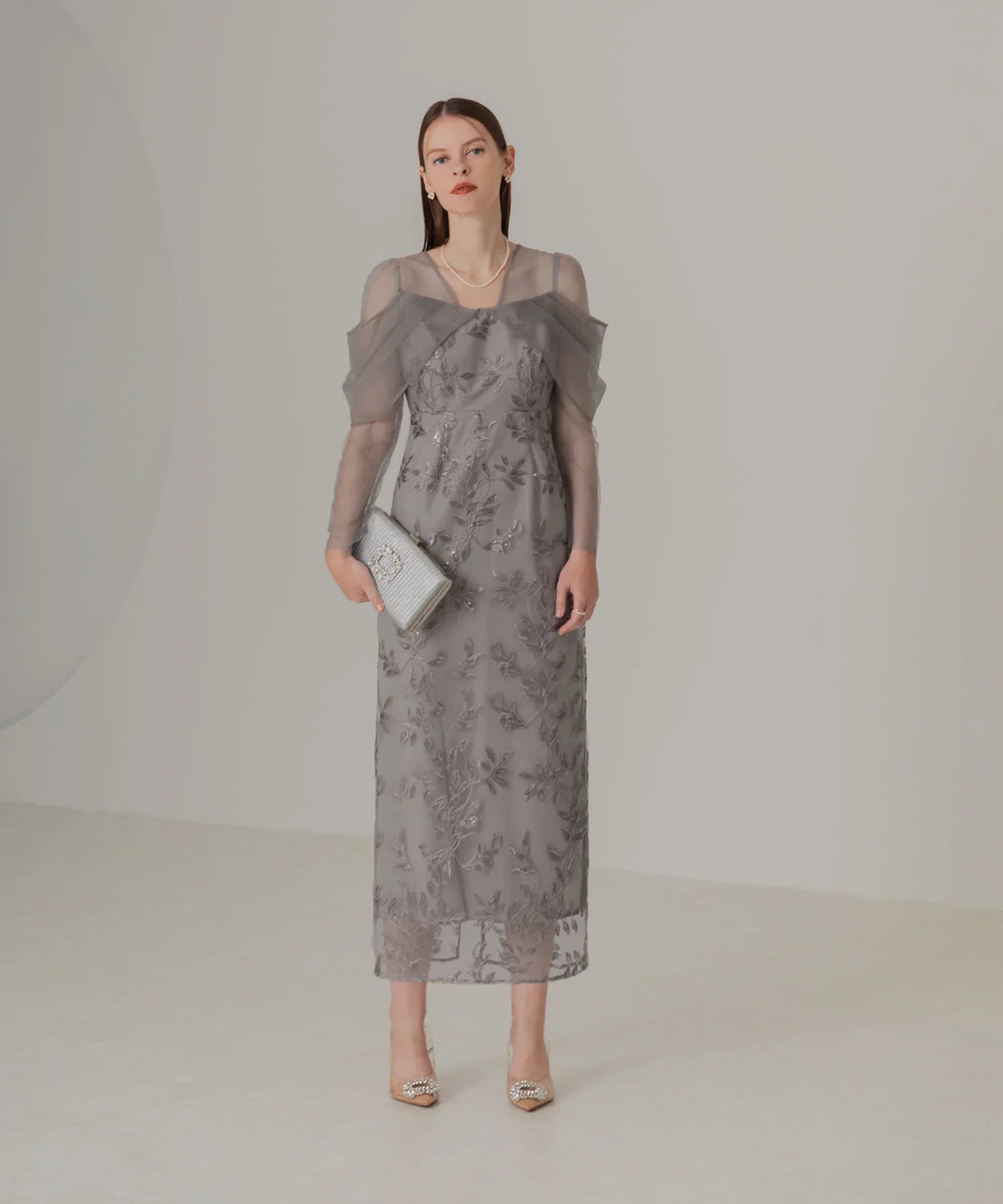 【一部当日発送】チュールロングスリーブリーフIラインワンピースドレス