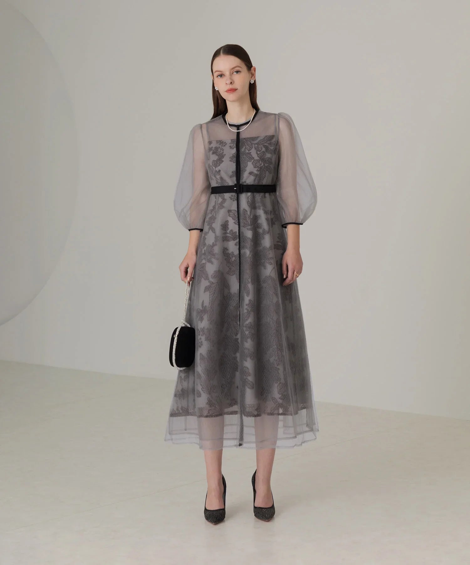 【当日発送】チュールパイピングリーフベルトAラインワンピースドレス