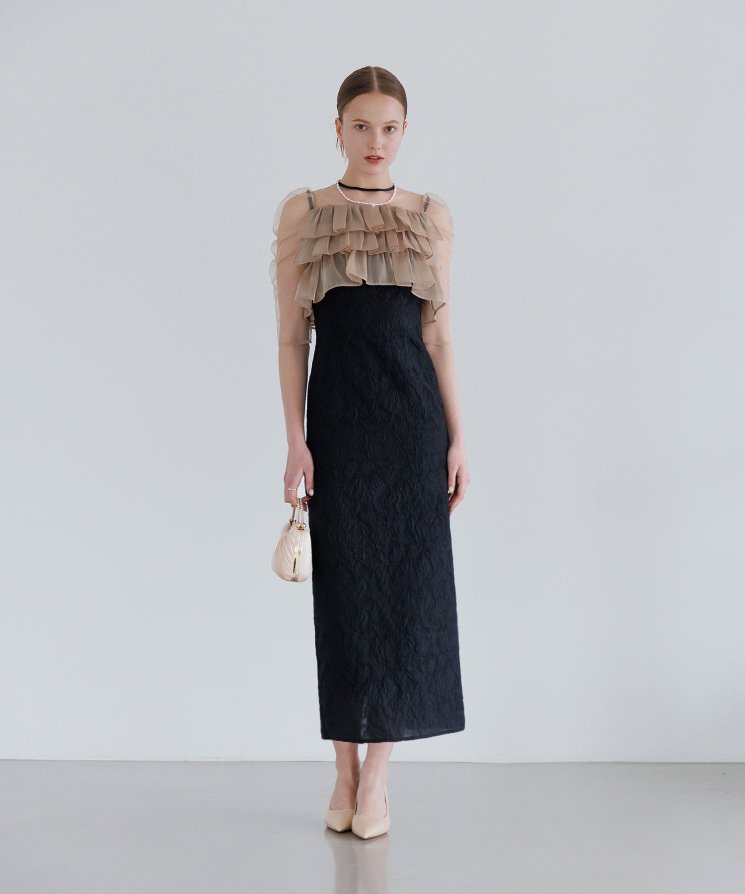 【当日発送】3WAYティアードフリルジャガードIラインワンピースドレス