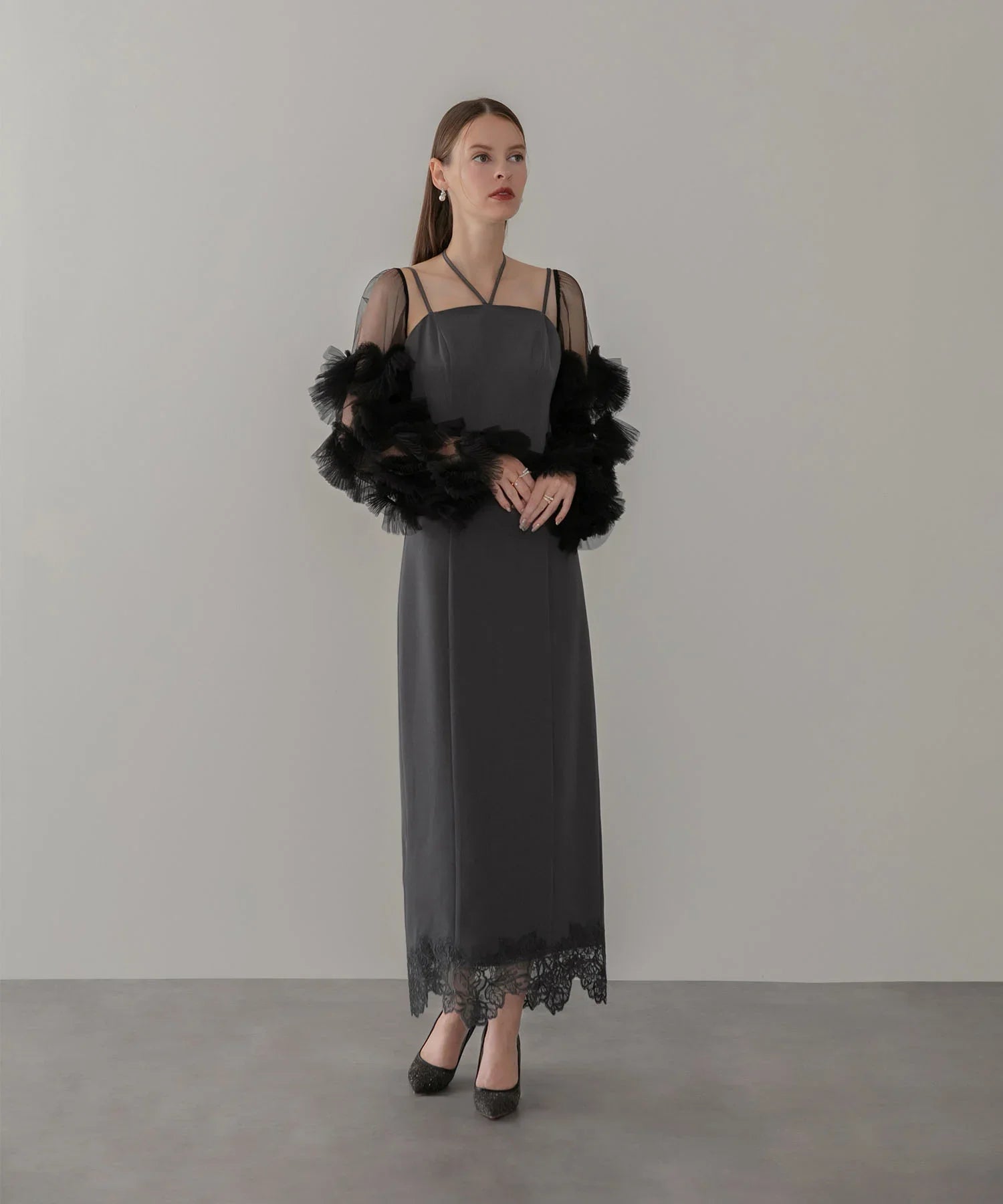 【当日発送】チュールフリルスリーブベストセットワンピースドレス