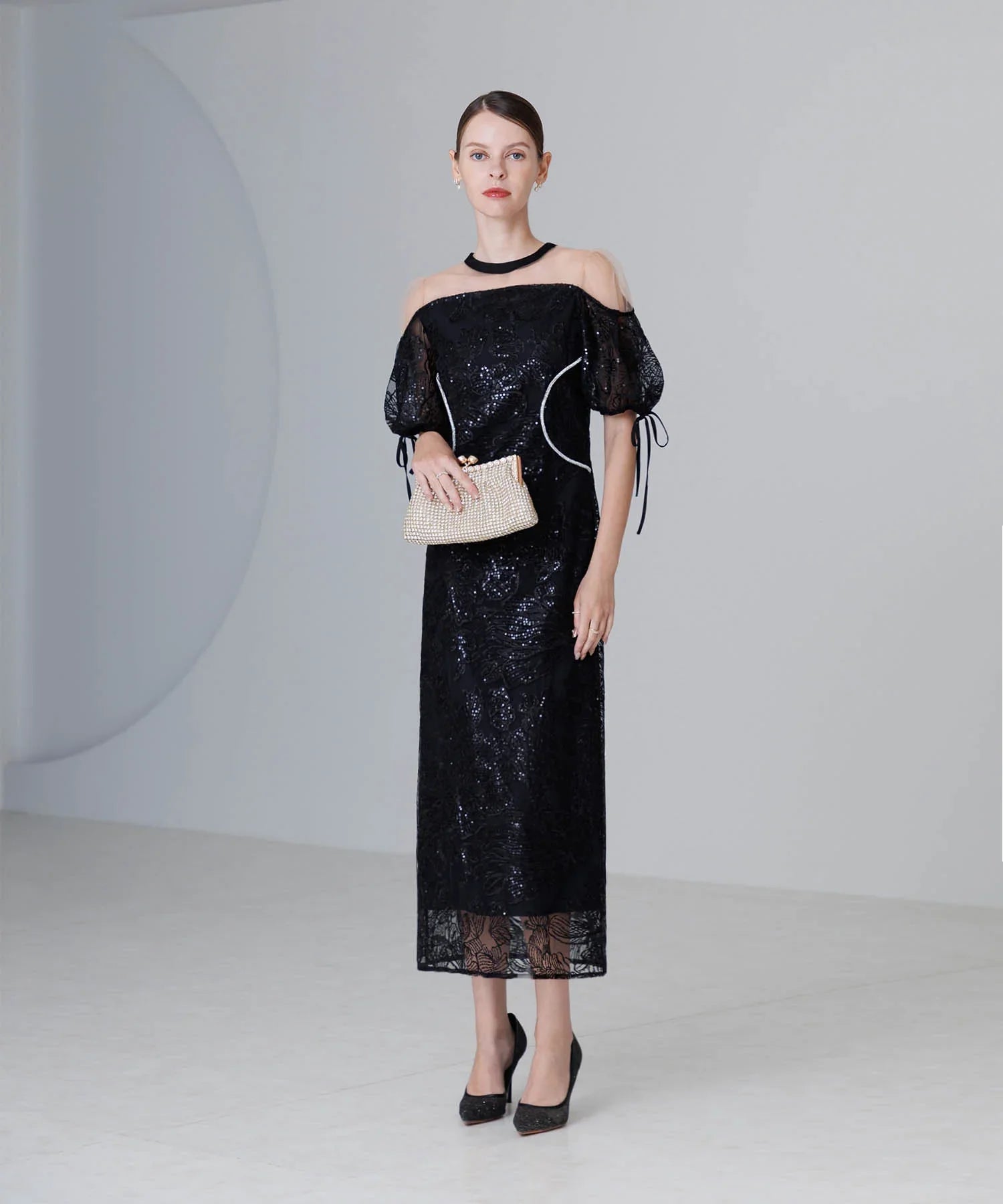 【SOLD OUT】スパンコールウエストデザインIラインワンピースドレス