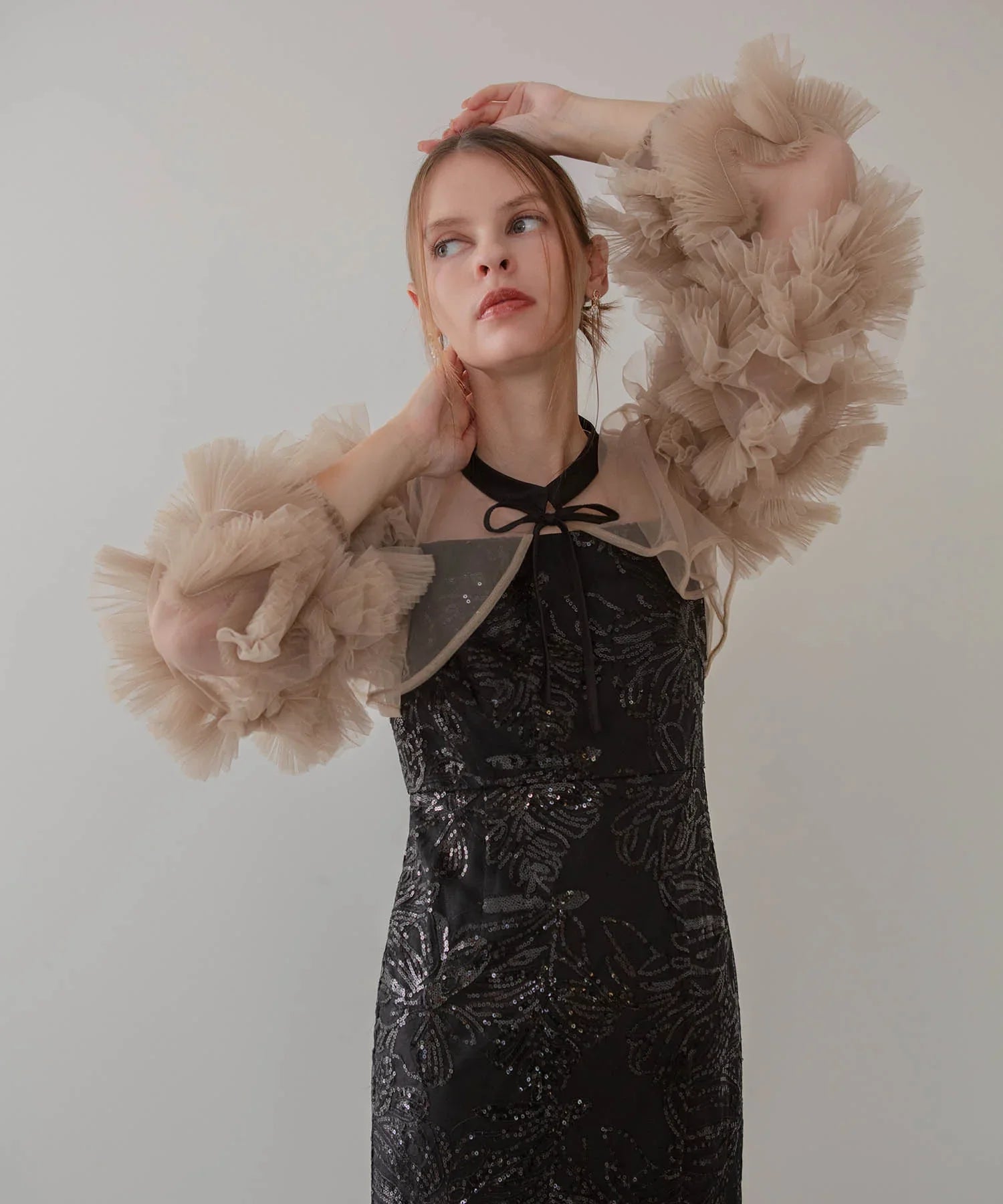 【当日発送】フリルチュールスリーブリボンIラインワンピースドレス