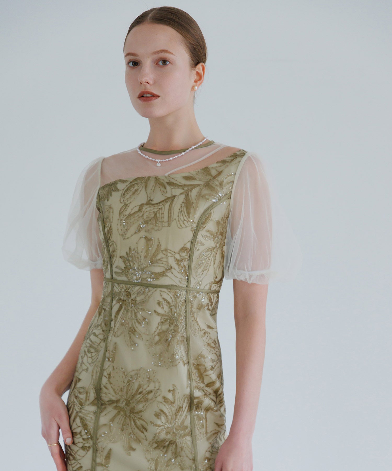 【当日発送】アシンメトリーシアーフラワーワンピースドレス