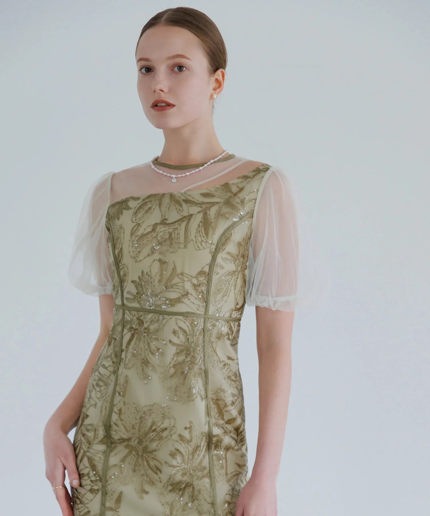 【当日発送】アシンメトリーシアーフラワーワンピースドレス