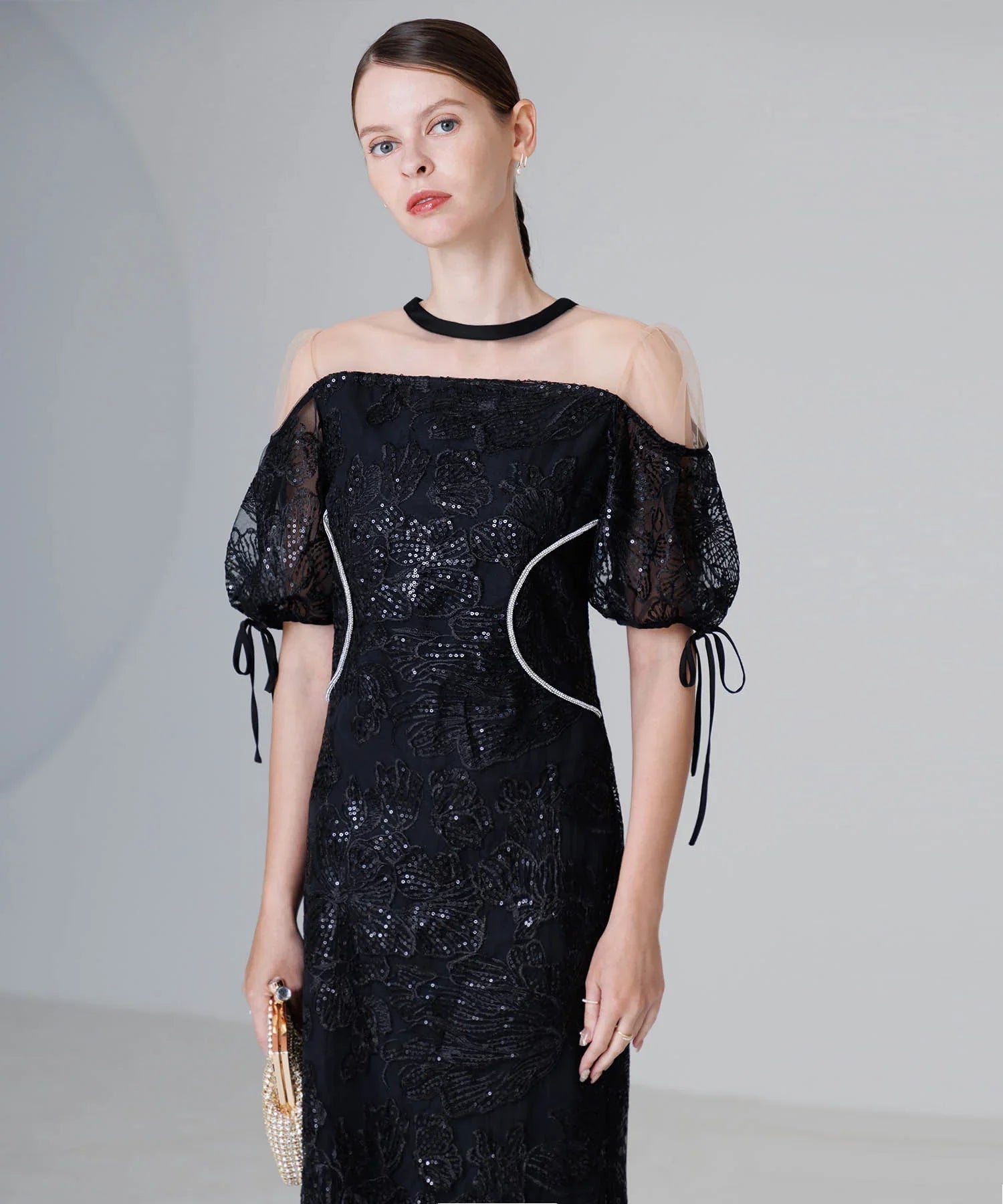 【SOLD OUT】スパンコールウエストデザインIラインワンピースドレス