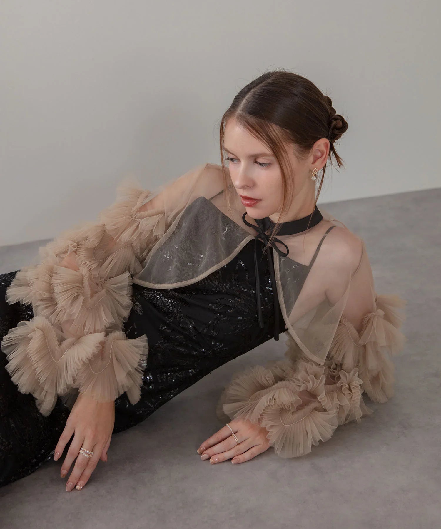 【一部当日発送】フリルチュールスリーブリボンIラインワンピースドレス