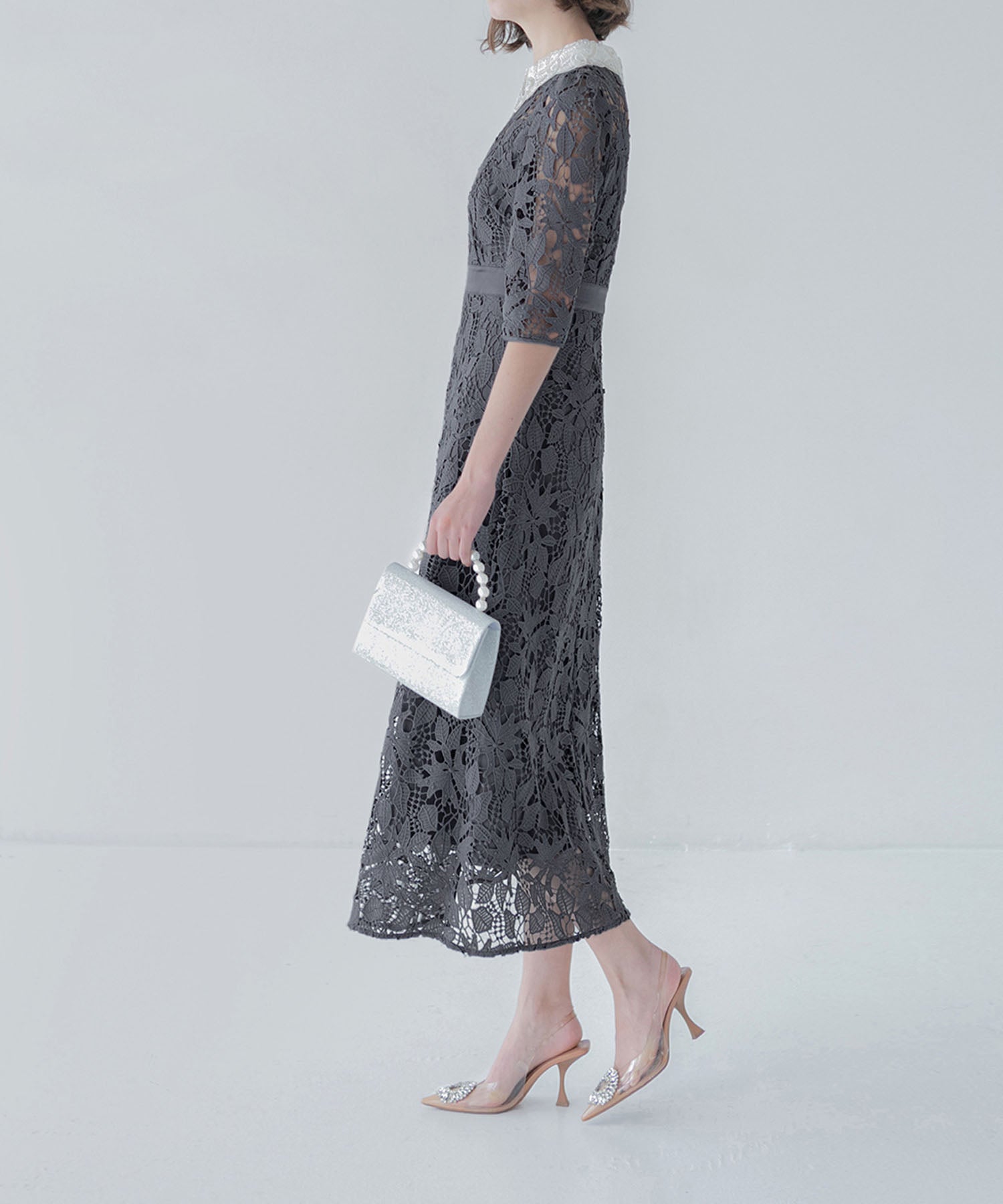 【一部当日発送】花柄レースビジューカラーAラインワンピースドレス