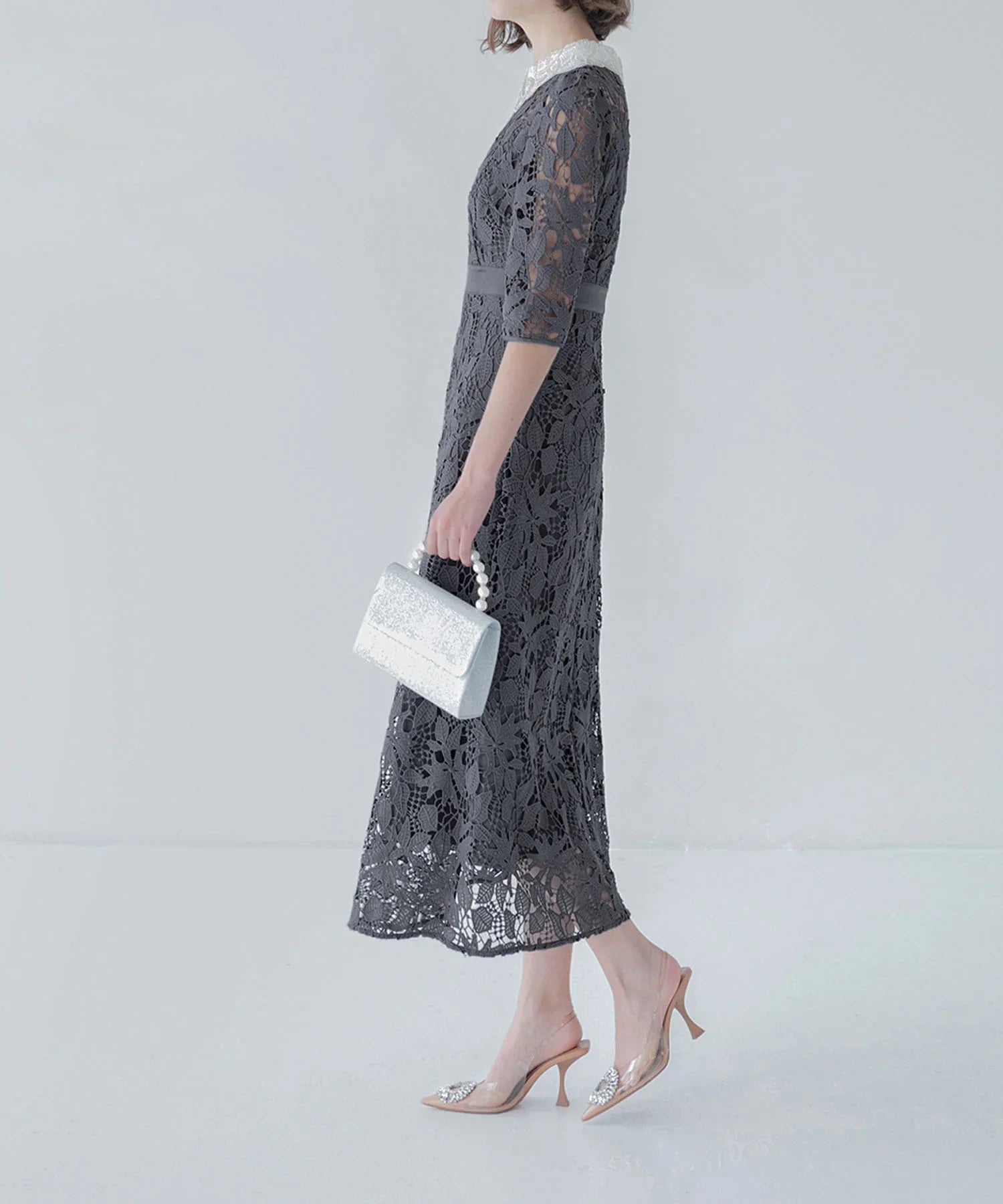 【一部当日発送】花柄レースビジューカラーAラインワンピースドレス