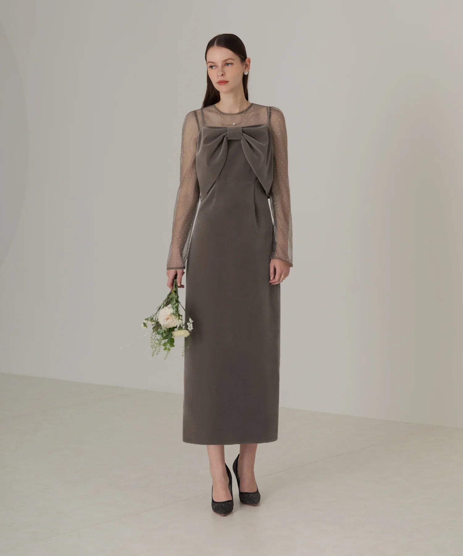 【当日発送】2WAYリボンビスチェドットストーンベロアワンピースドレス