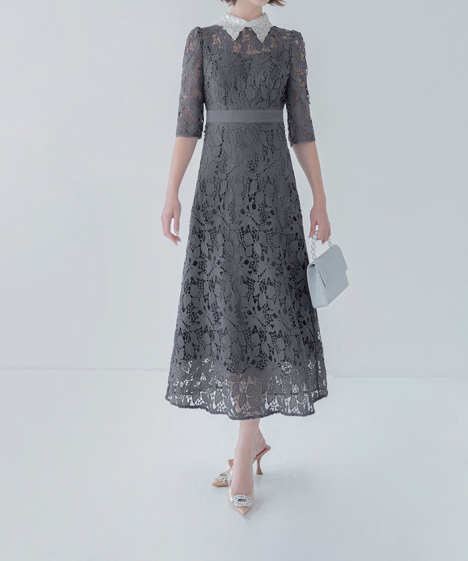 【一部当日発送】花柄レースビジューカラーAラインワンピースドレス