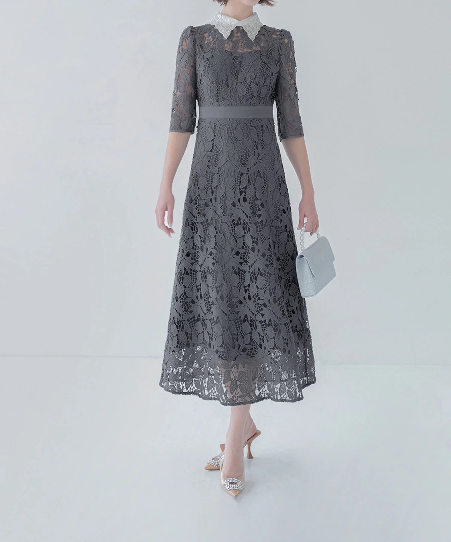 【一部当日発送】花柄レースビジューカラーAラインワンピースドレス