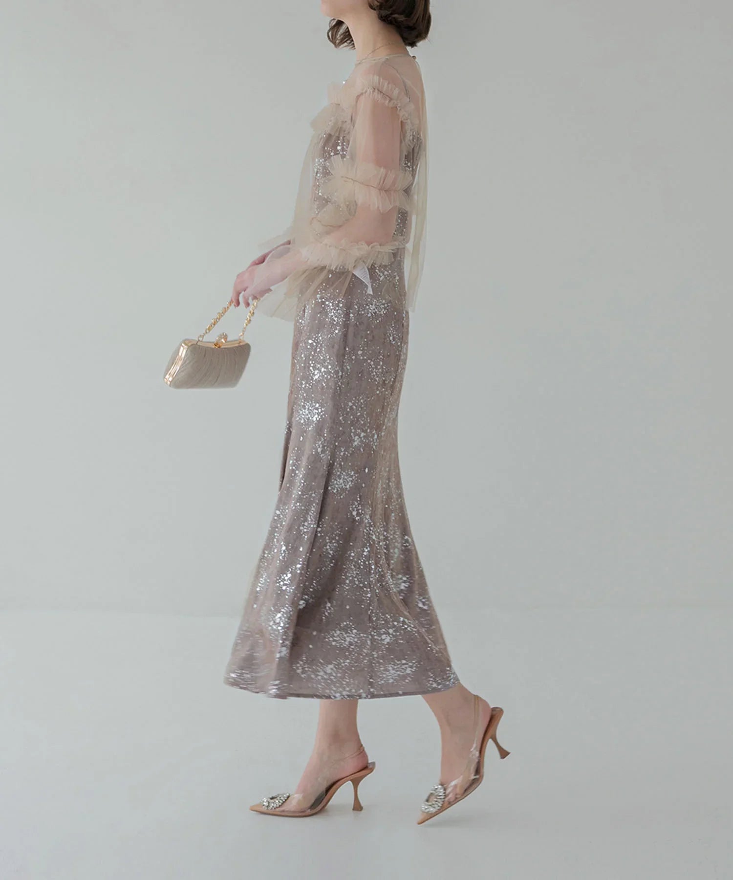 【SOLD OUT】チュールフリルペイントマーメイドワンピースドレス