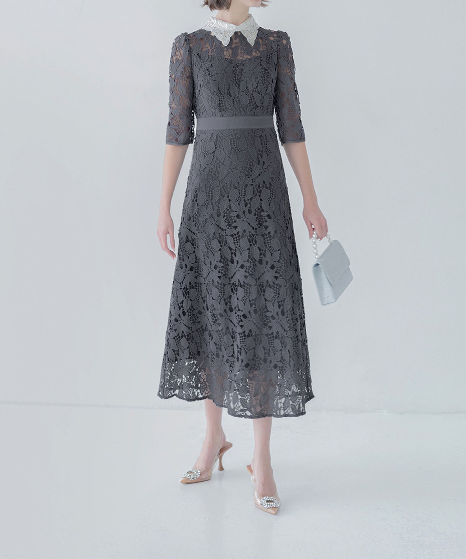 【一部当日発送】花柄レースビジューカラーAラインワンピースドレス