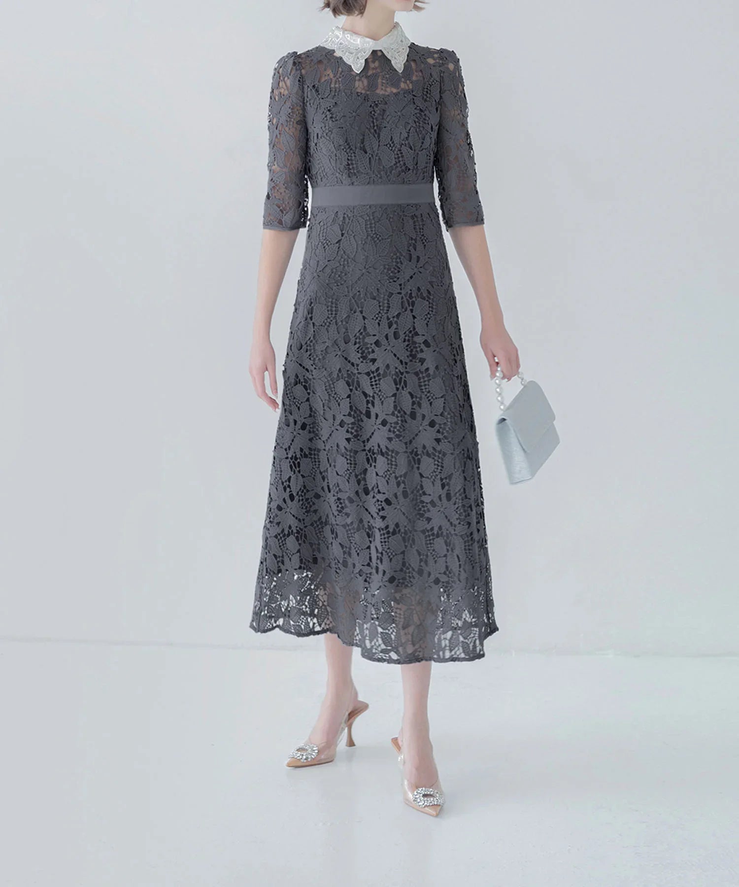 【一部当日発送】花柄レースビジューカラーAラインワンピースドレス