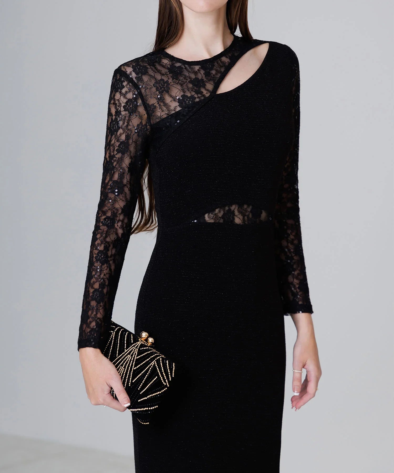 【LEJA LUXE】アシンメトリーレーススリムフィットIラインドレス