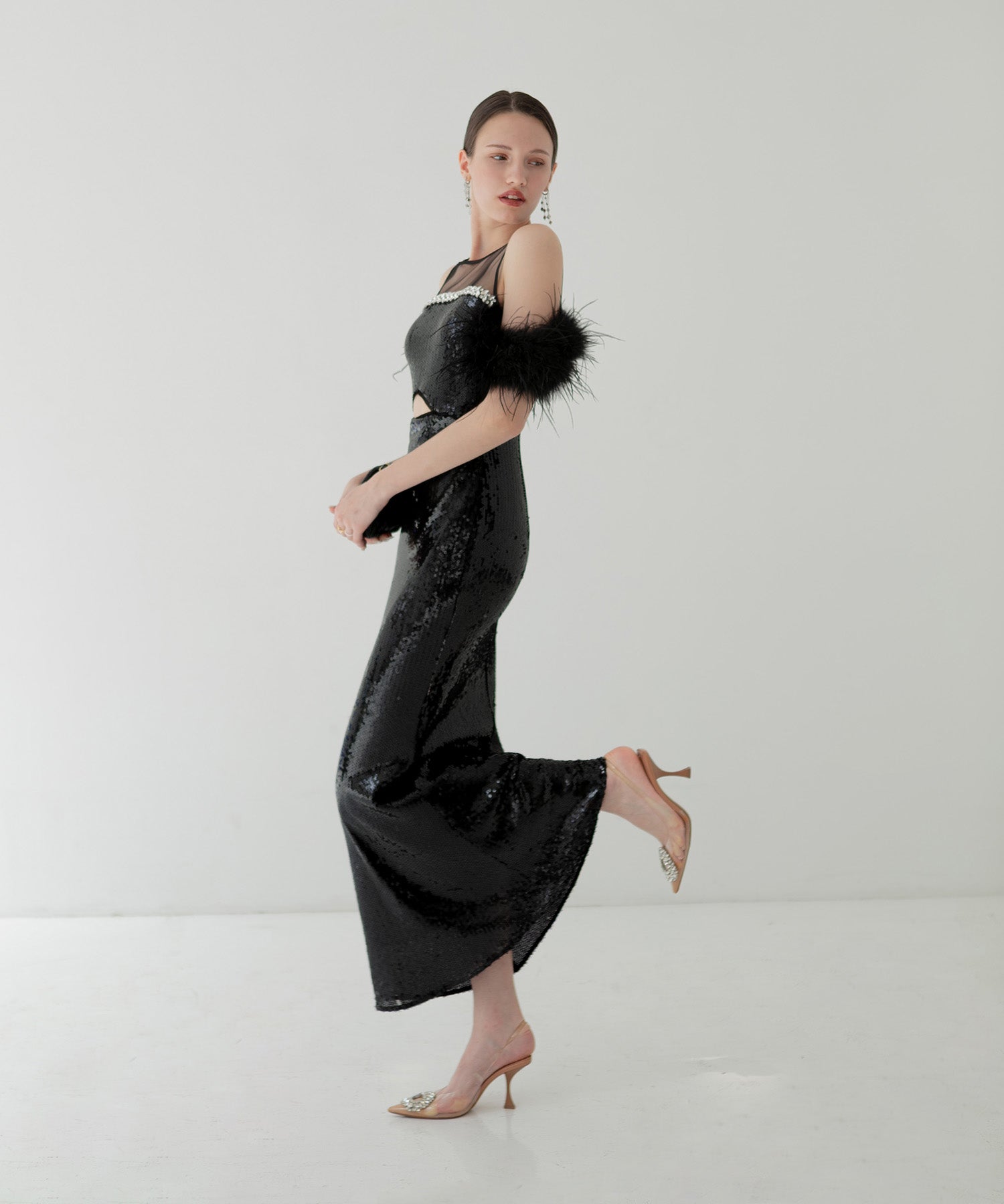 【LEJA LUXE】2WAYファースリーブスパンコールマーメイドドレス