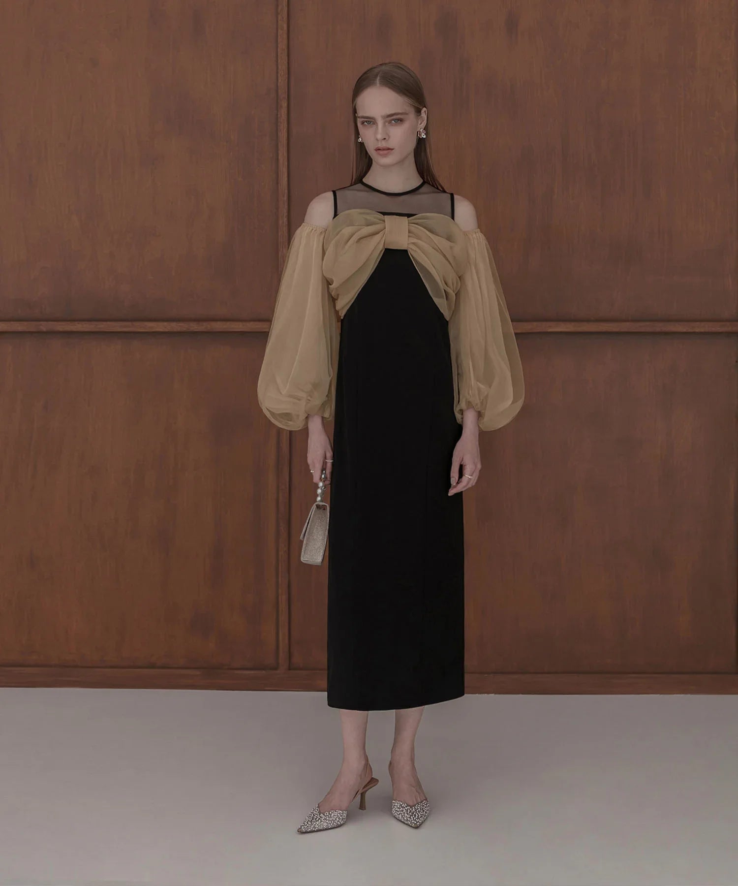 【当日発送】フロントリボンチュールIラインワンピースドレス