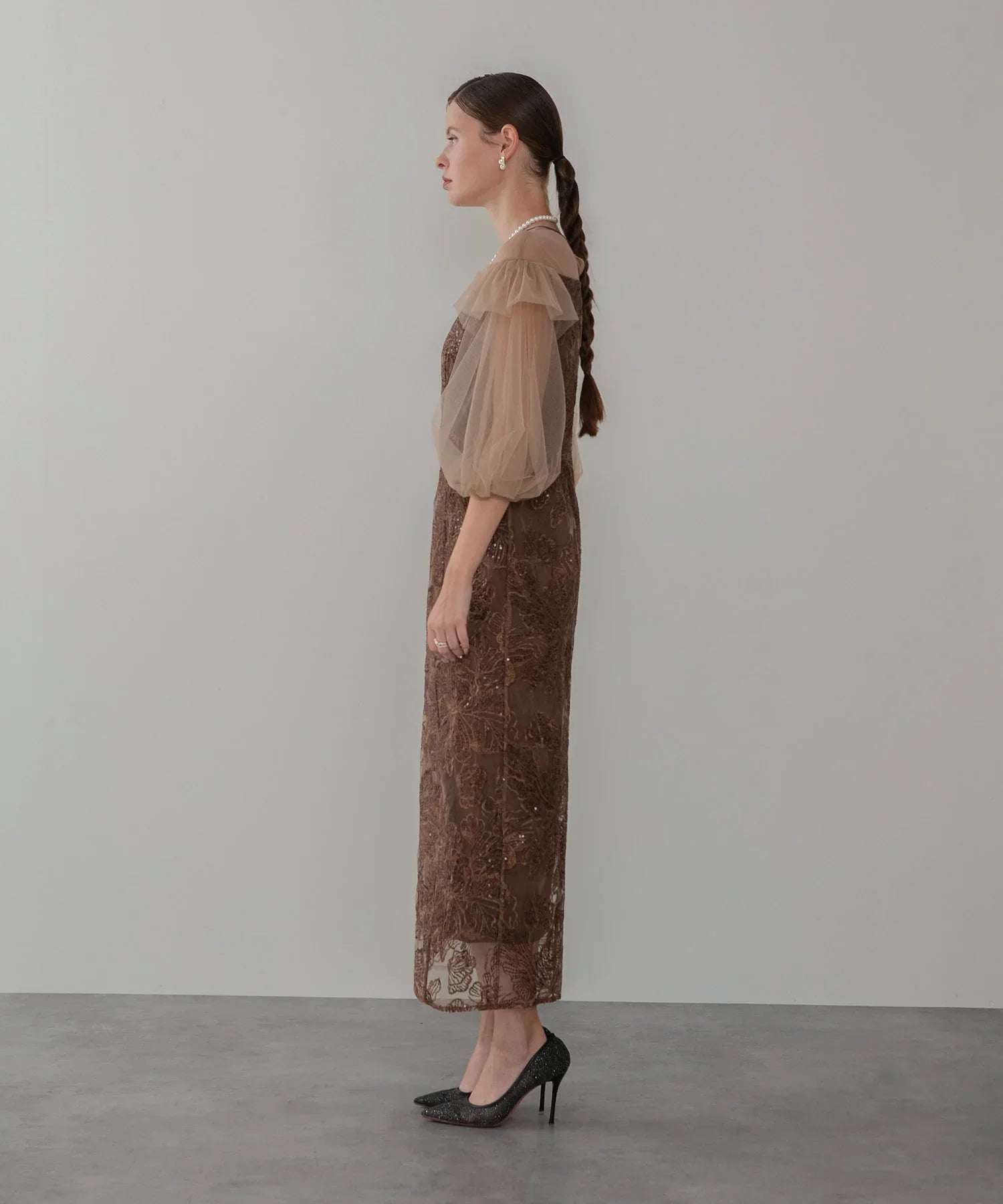 【一部当日発送】フラワースパンコールシアーフリルスリーブIラインワンピースドレス