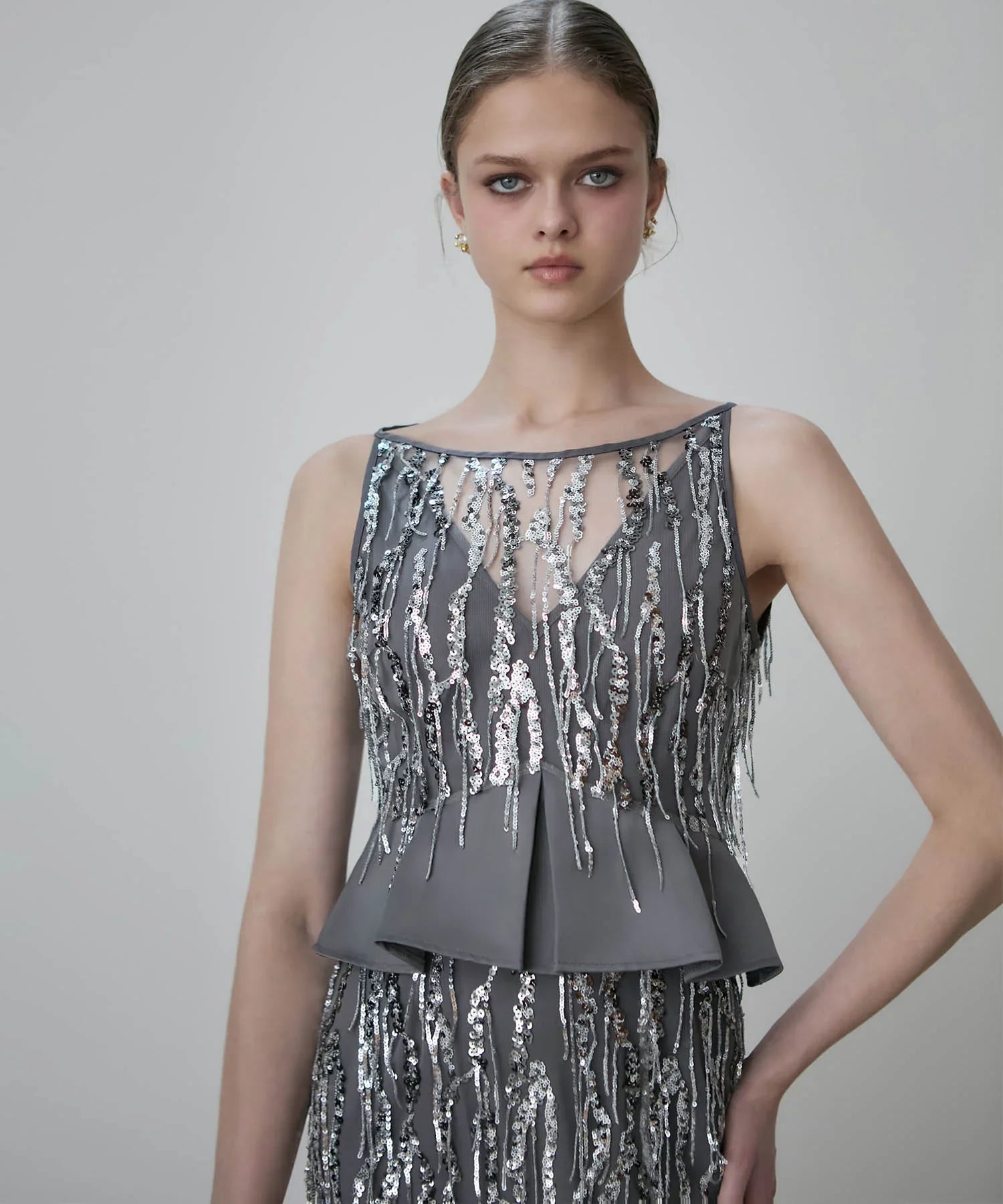 【LEJA LUXE】シルバーフリンジスパンコールペプラムマーメイドドレス