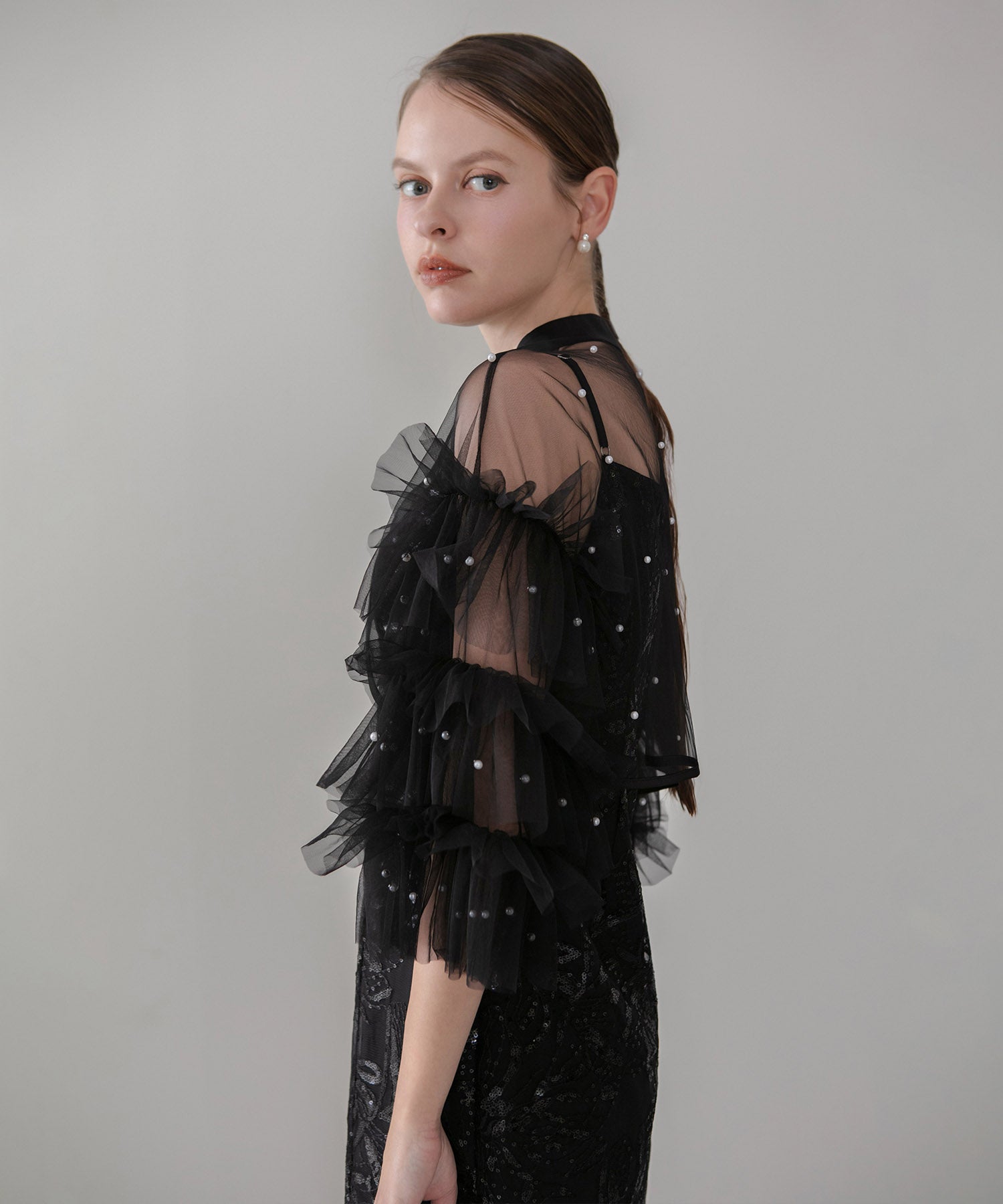 【一部当日発送】パールフリルチュールボレロレイヤードIラインワンピースドレス