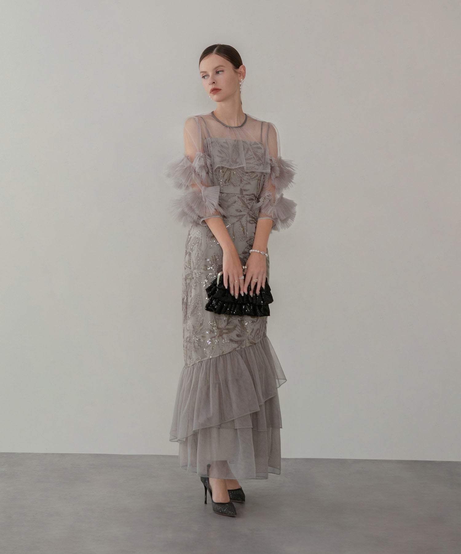 【一部当日発送】フラワースパンコールチュールフリルスリーブIラインワンピースドレス