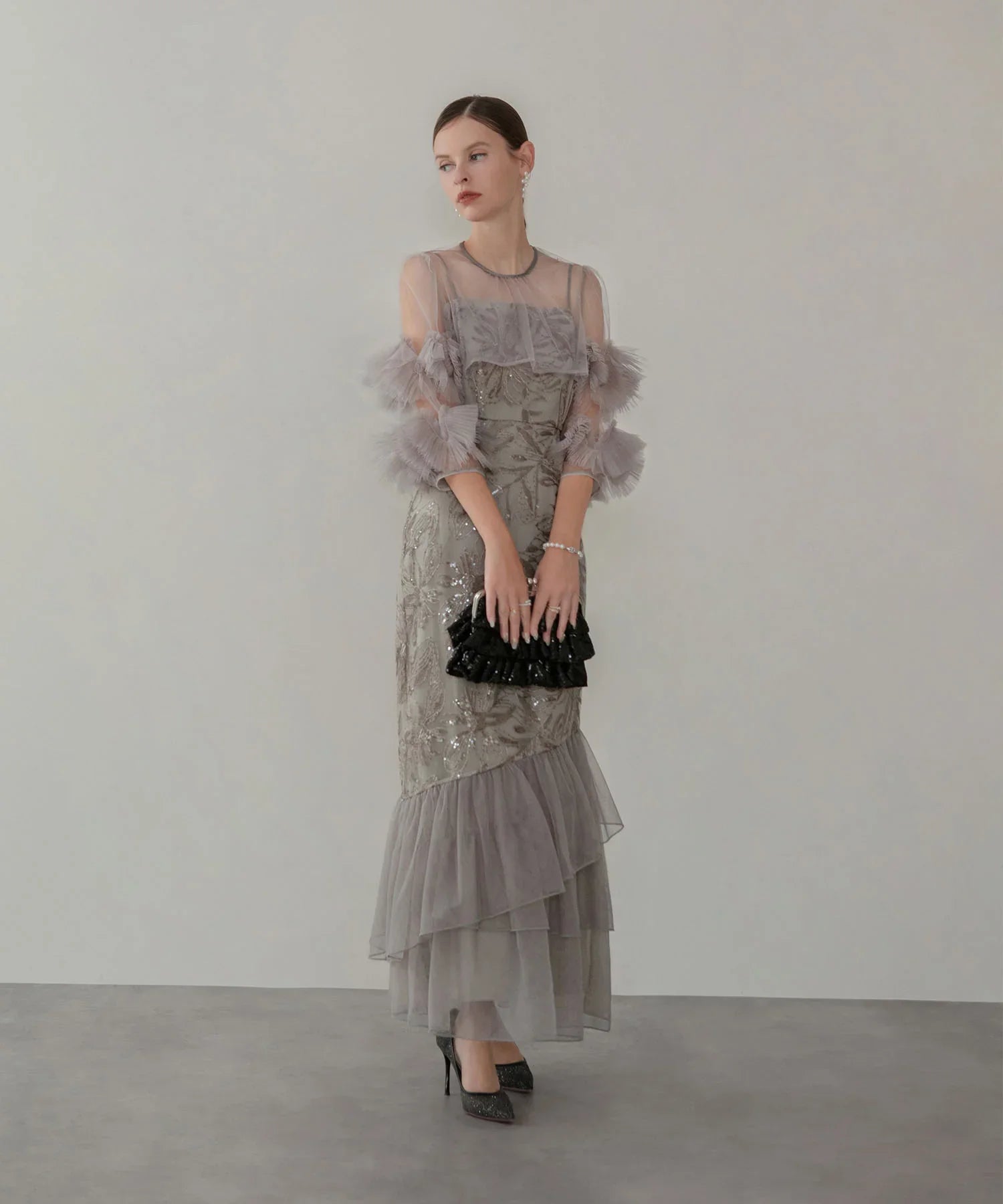 【一部当日発送】フラワースパンコールチュールフリルスリーブIラインワンピースドレス